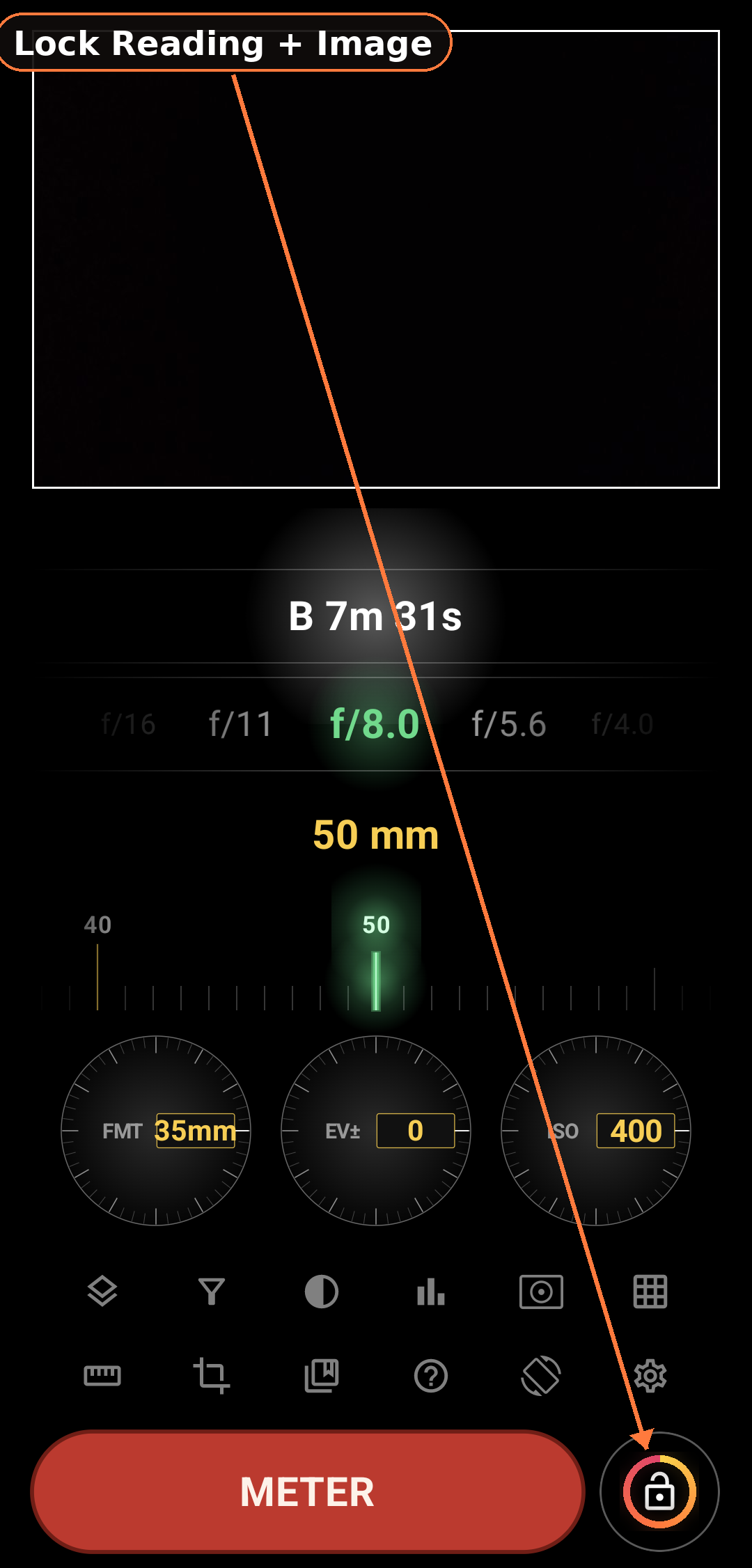 EV lock hold reading screenshot in Zone Light Meter