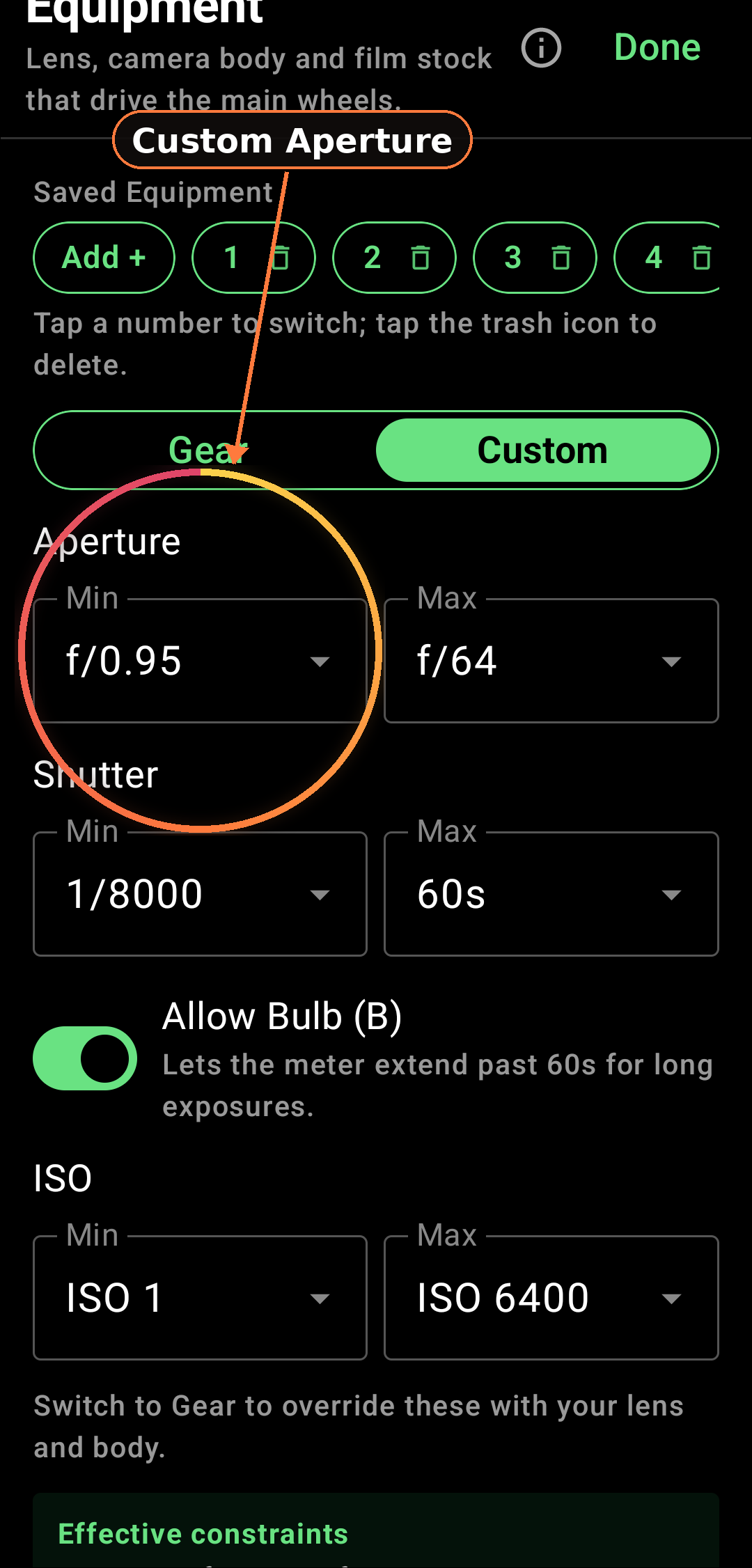 Custom f-stop entry screenshot in Zone Light Meter