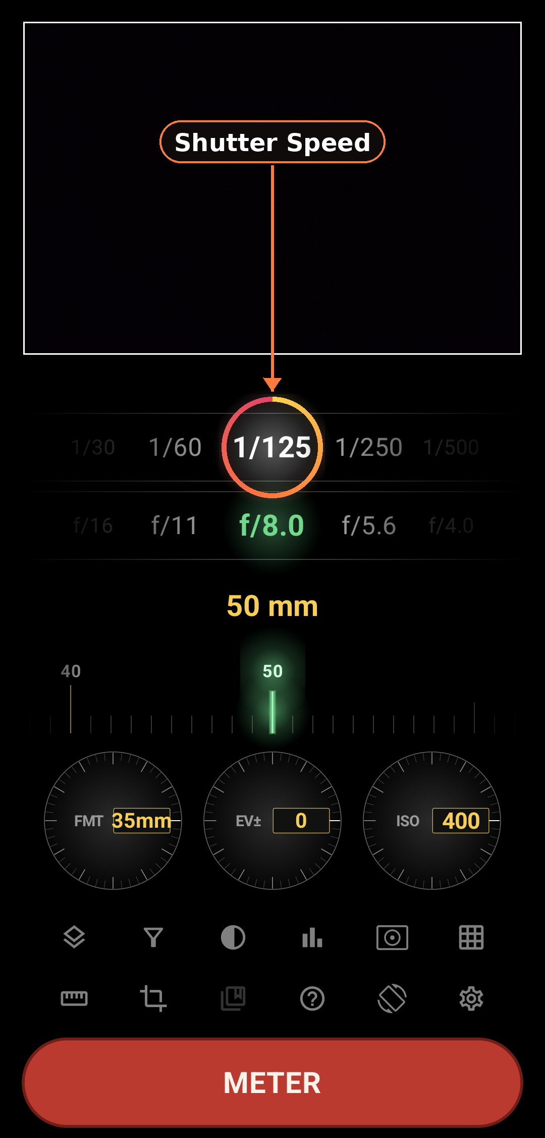 Shutter 1/8000 to multi-minute screenshot in Zone Light Meter