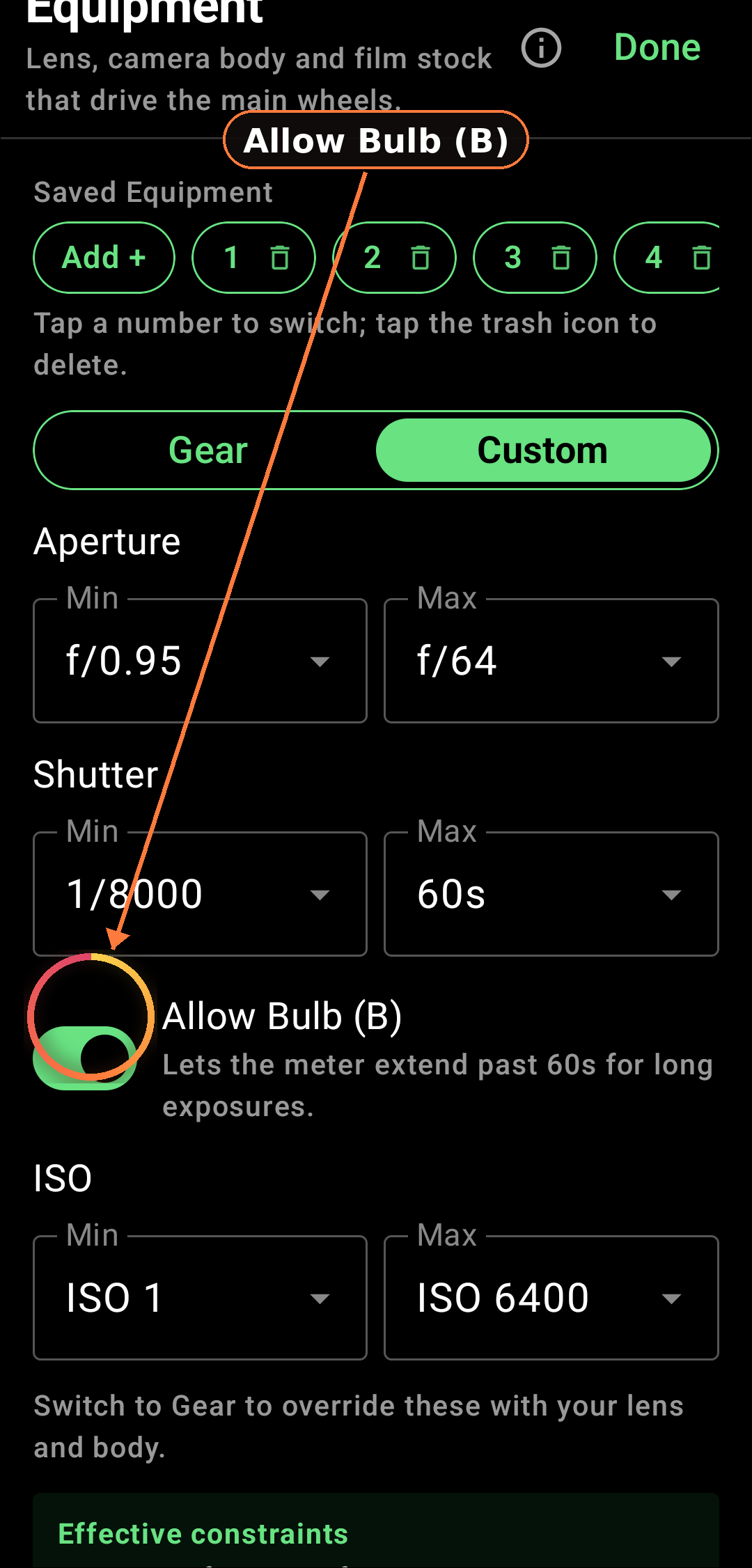 Bulb mode integration screenshot in Zone Light Meter