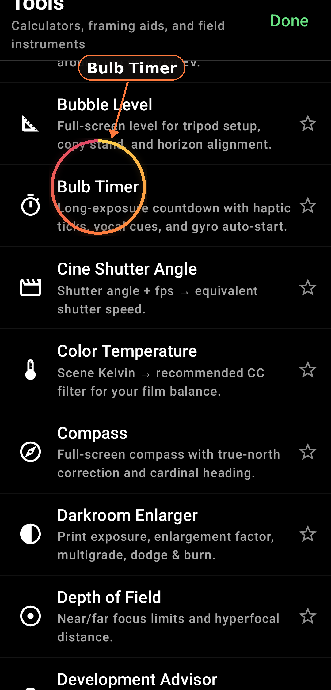 How the Bulb Timer works screenshot in Zone Light Meter