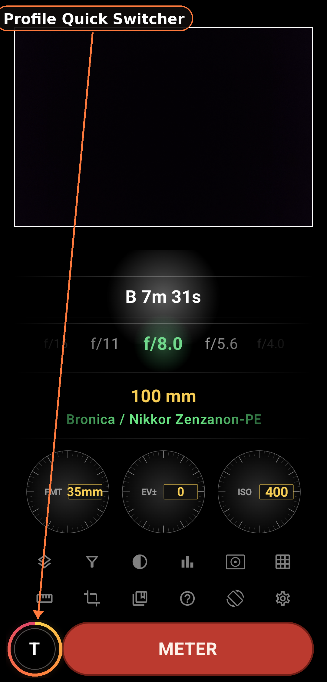 Profile photos + main-UI quick-switcher screenshot in Zone Light Meter