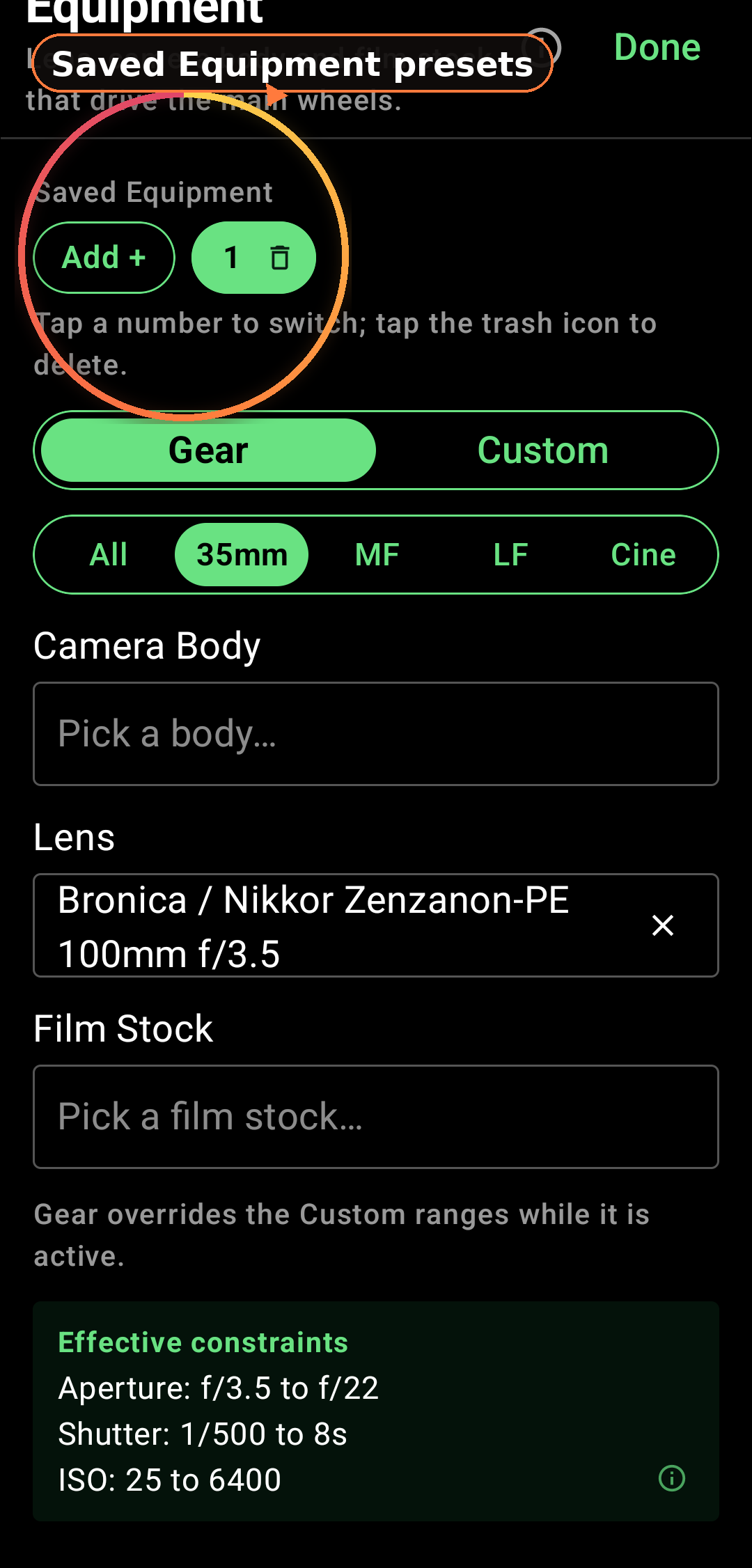 Equipment preset bubbles + swipe-to-cycle screenshot in Zone Light Meter