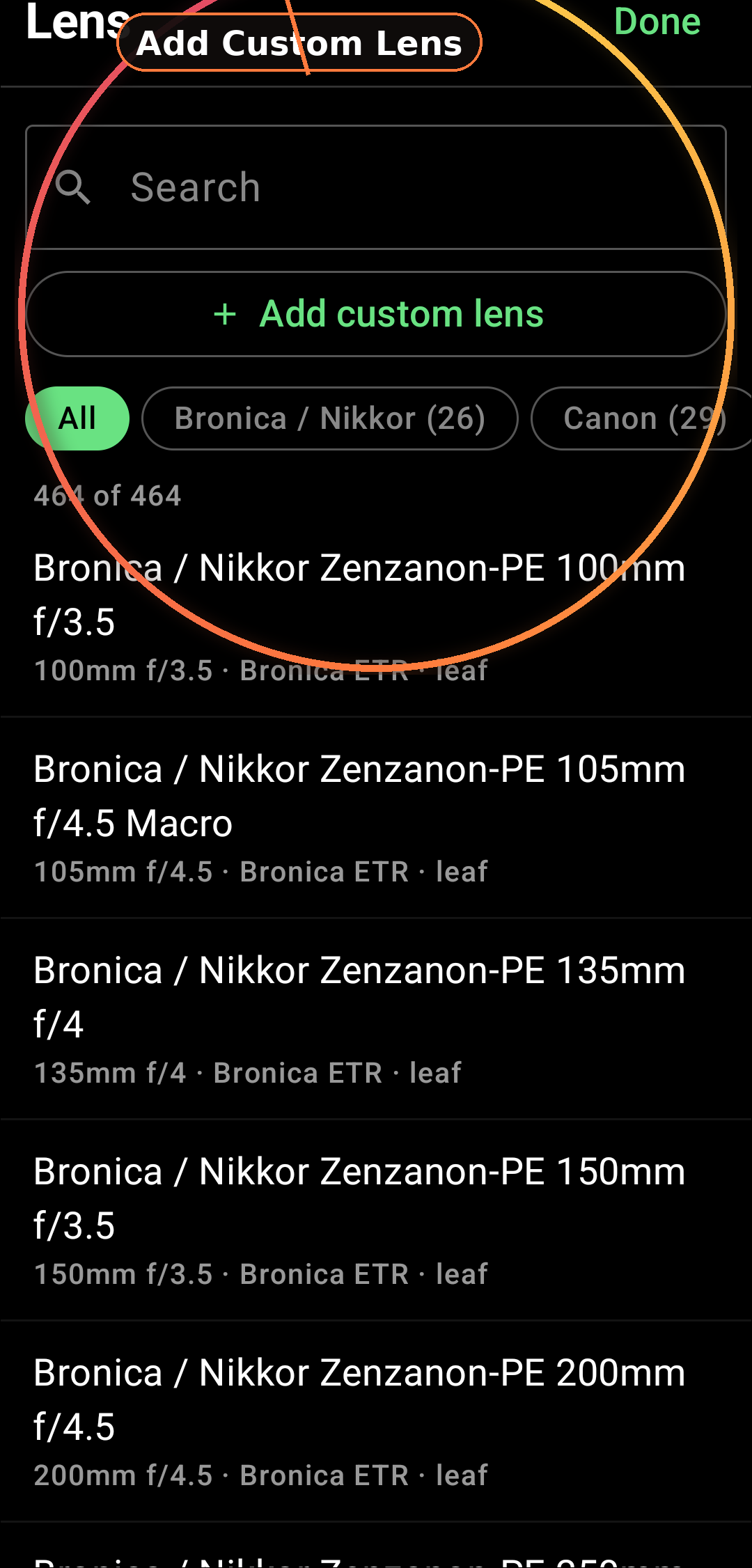 User-added custom camera bodies and lenses screenshot in Zone Light Meter