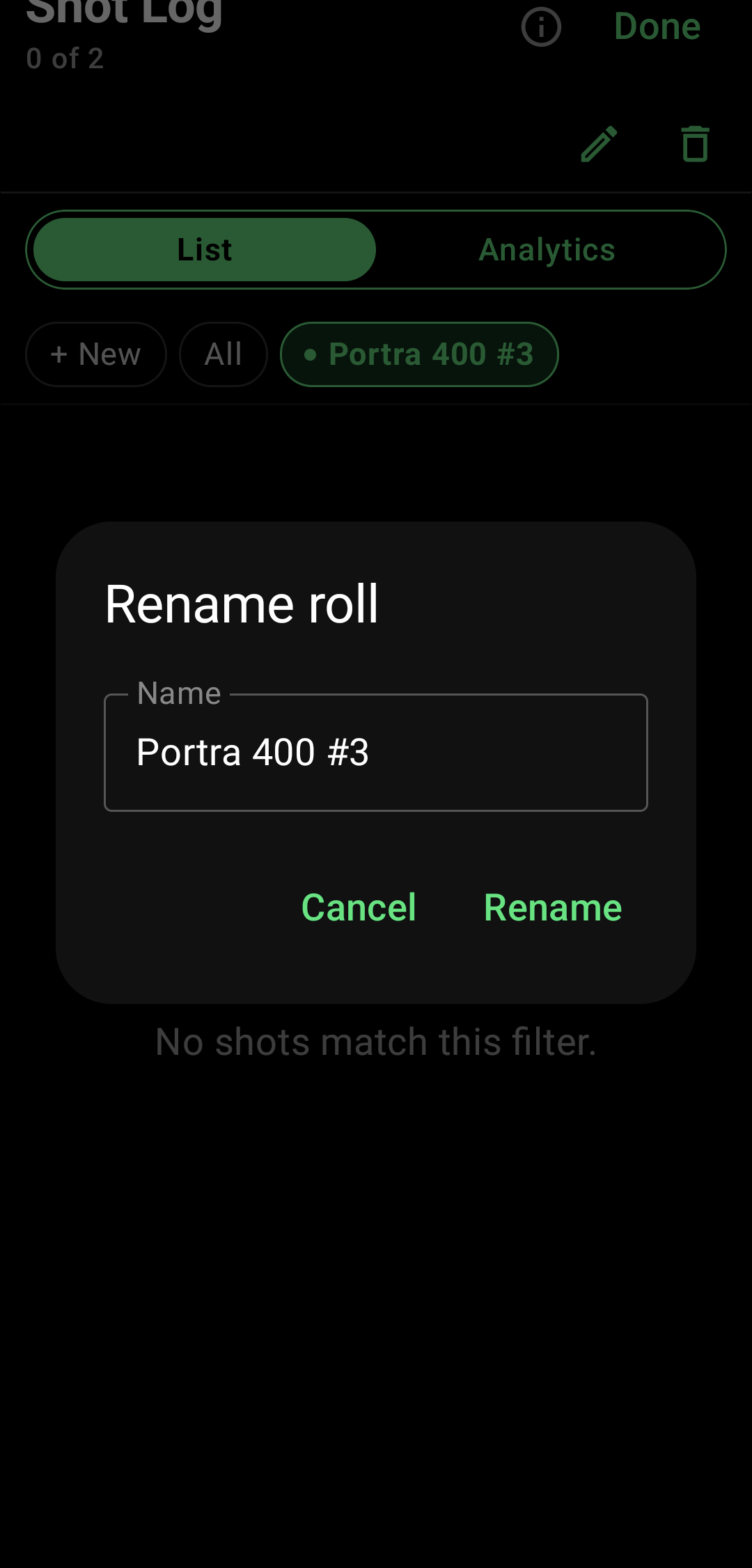 Renaming a roll as shown in the app