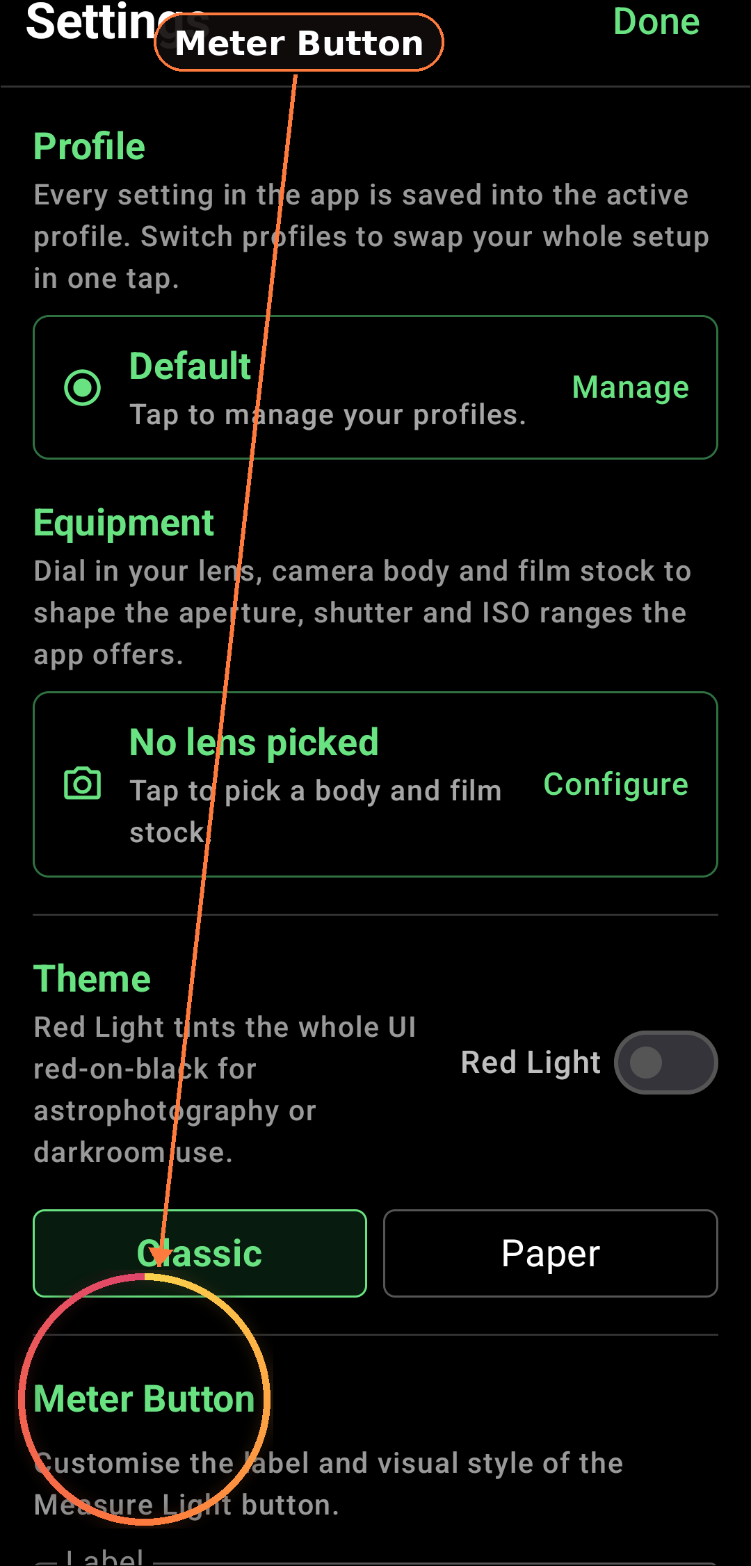 Customisable Meter button (label + theme) screenshot in Zone Light Meter