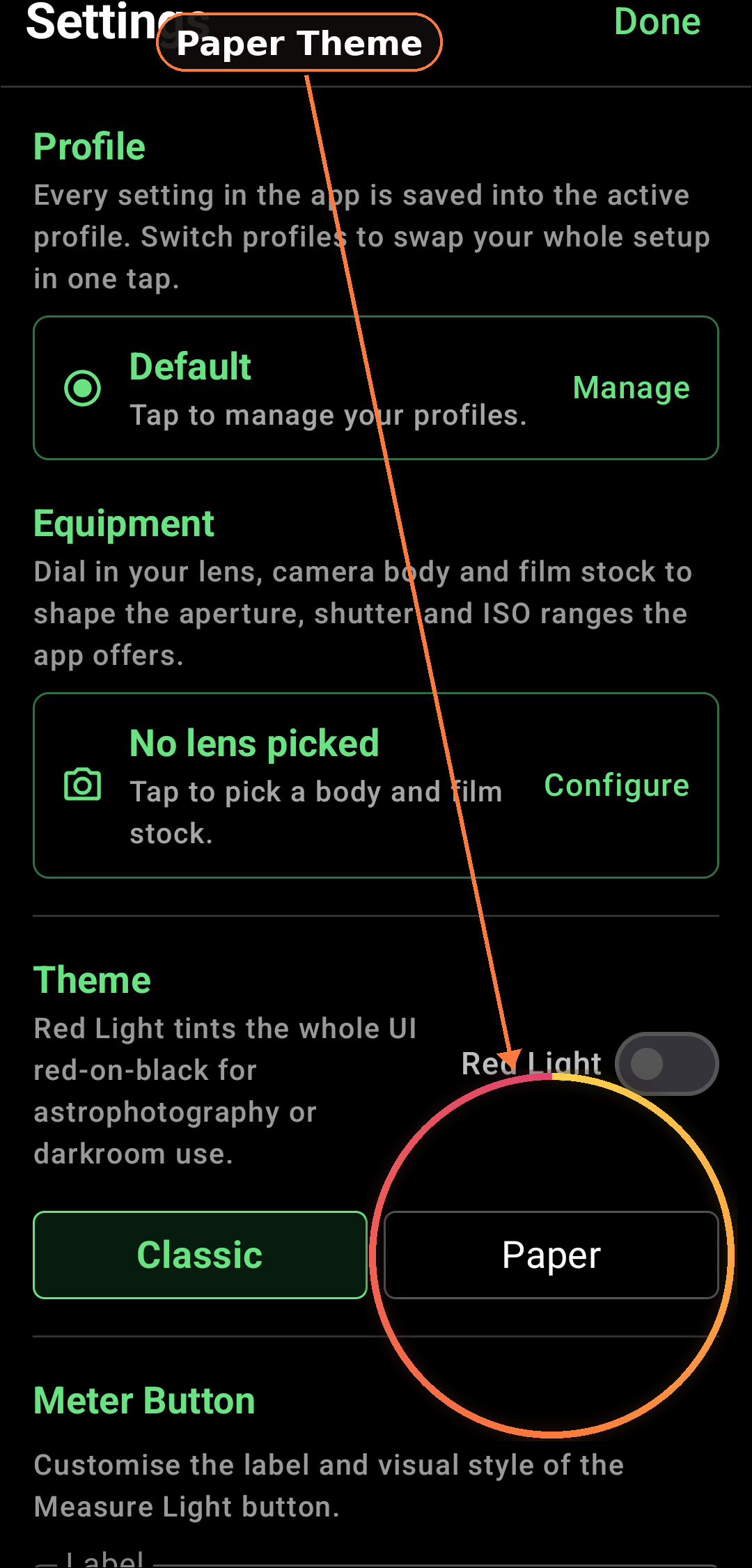 Paper theme main UI rework screenshot in Zone Light Meter