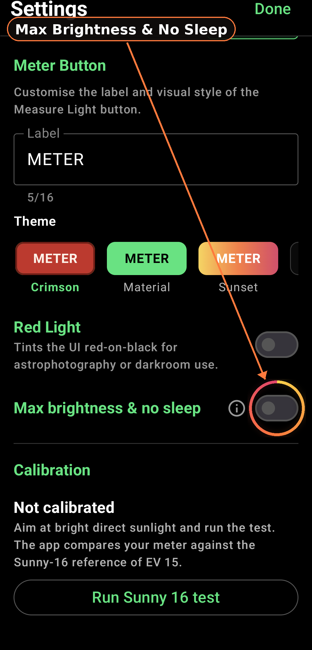 Max brightness & no sleep as shown in the app