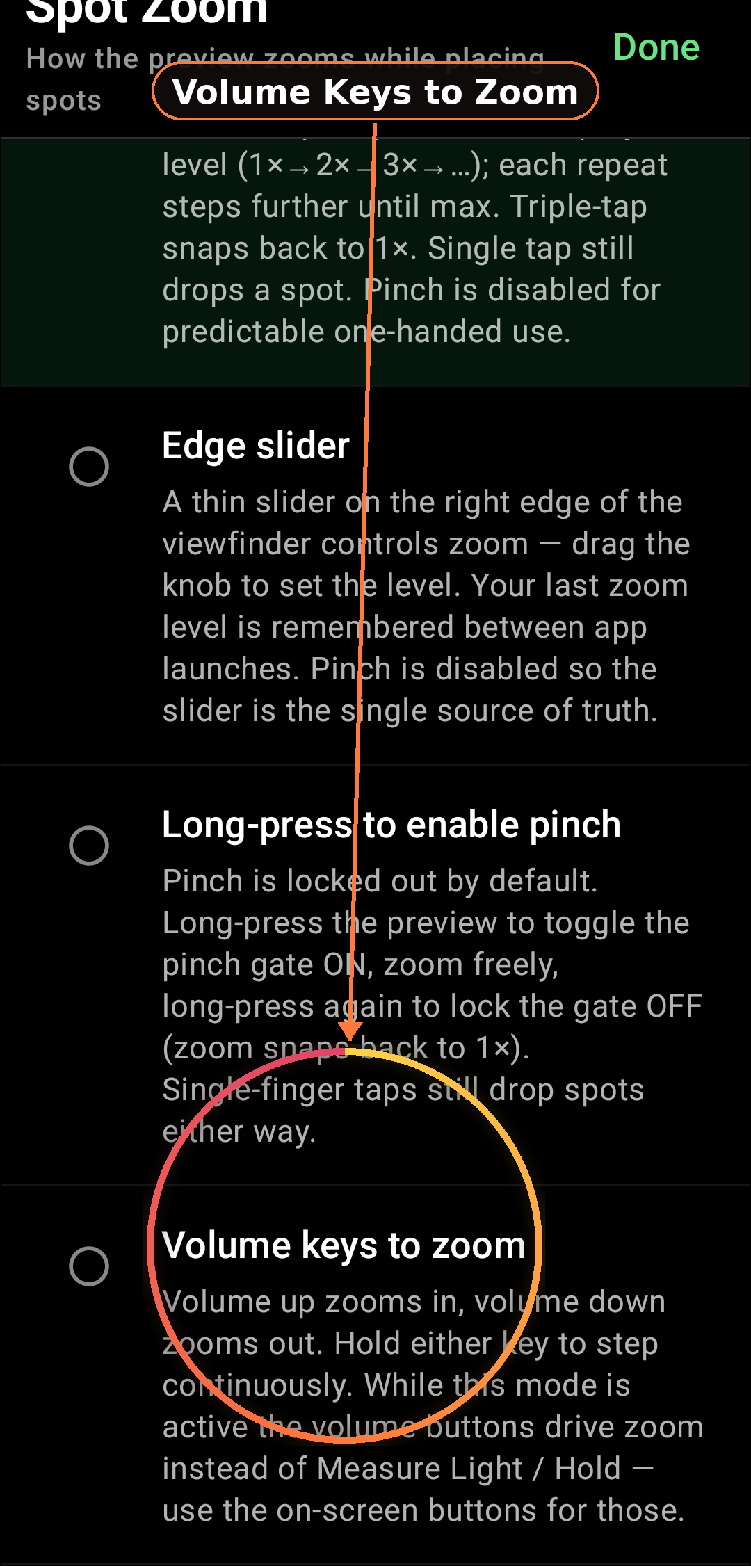 Volume Button Triggers screenshot in Zone Light Meter