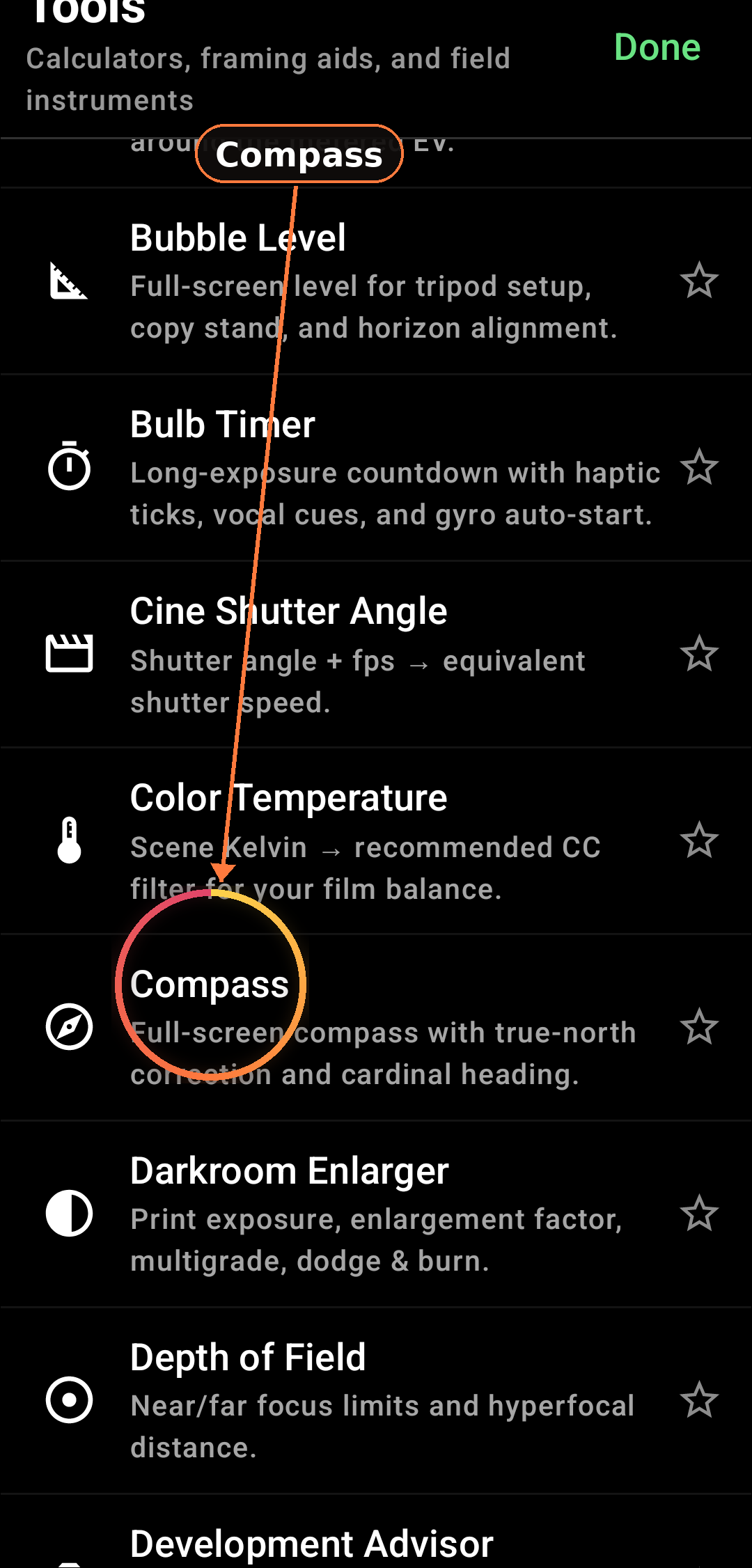 Standalone compass (Tools) screenshot in Zone Light Meter