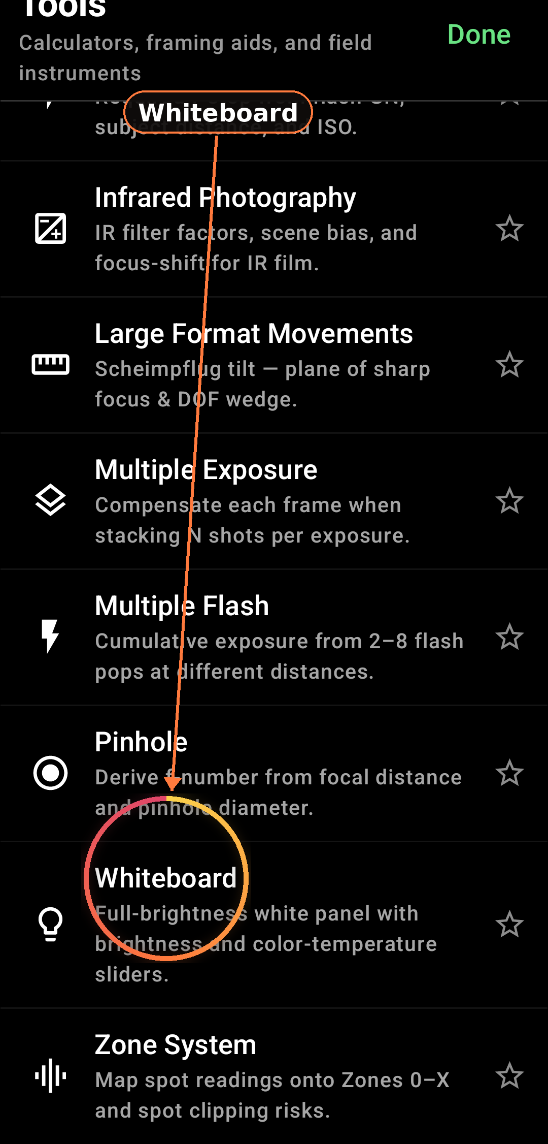 Standalone whiteboard light (Tools) screenshot in Zone Light Meter
