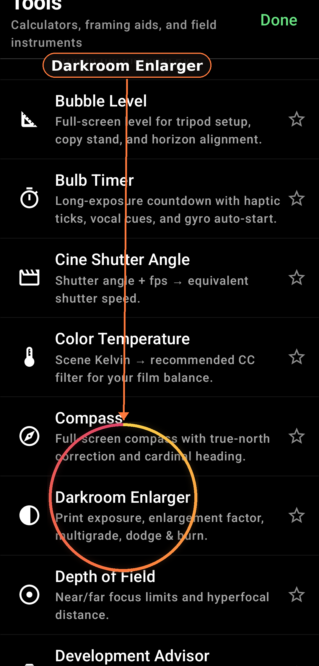 Darkroom Enlarger Exposure Module feature in Zone Light Meter