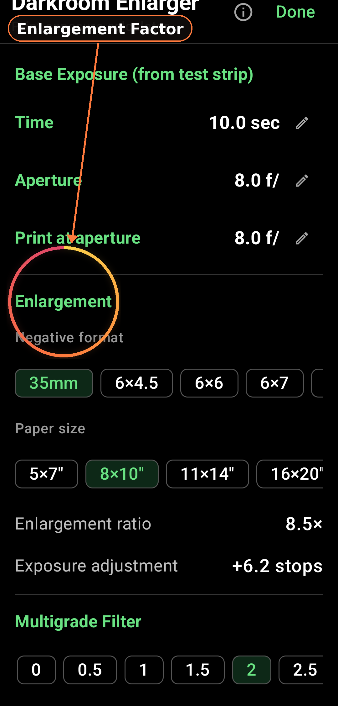 Darkroom Enlarger Exposure Module feature in Zone Light Meter