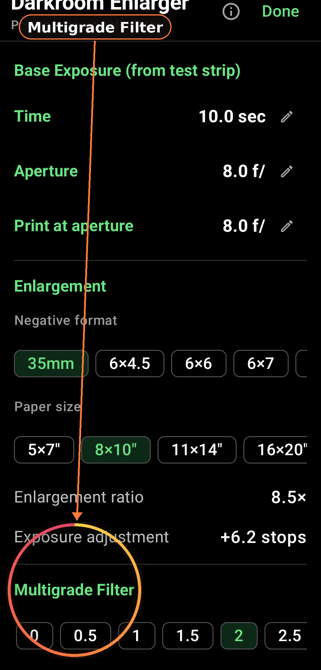 Darkroom Enlarger Exposure Module feature in Zone Light Meter