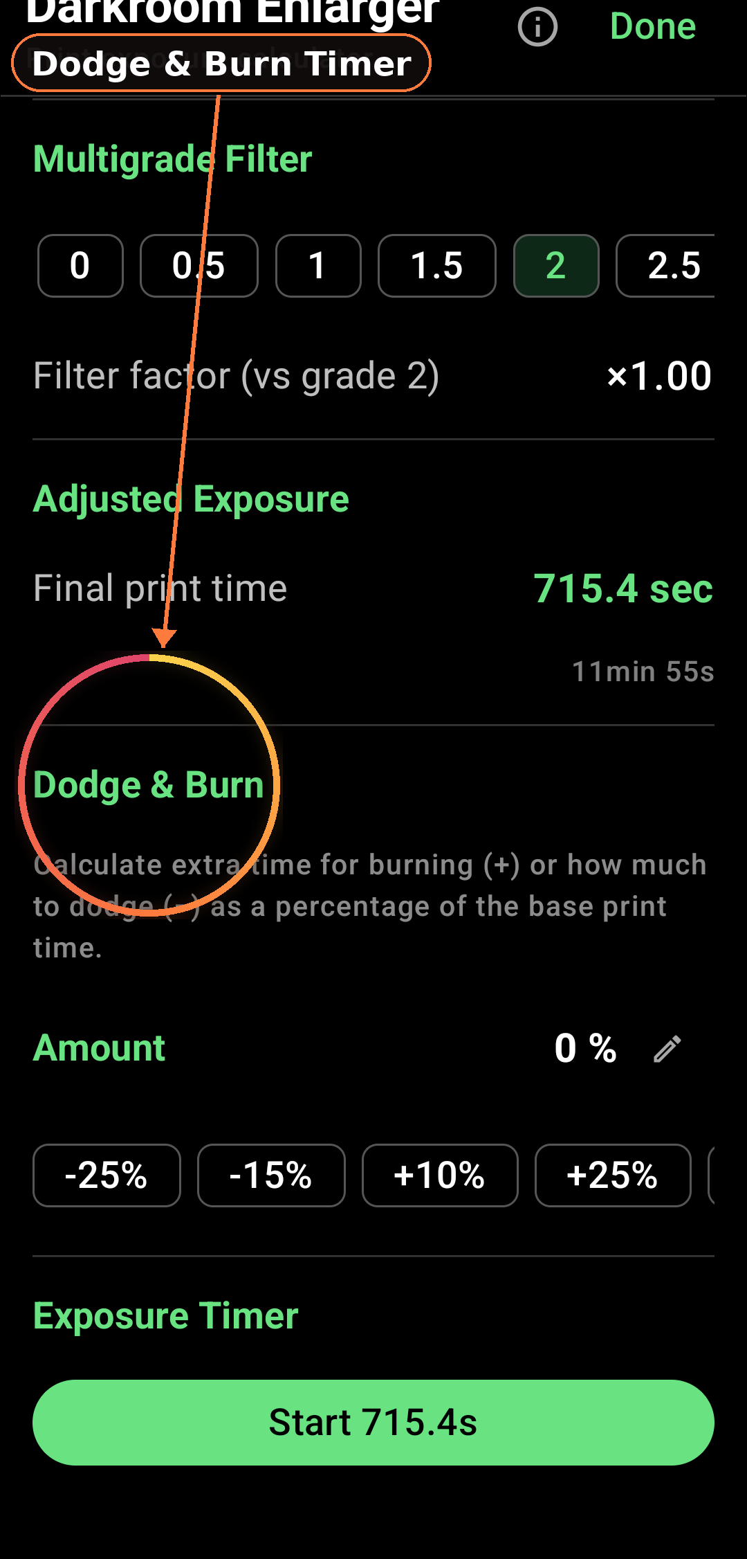 Dodging and Burning Timer screenshot in Zone Light Meter