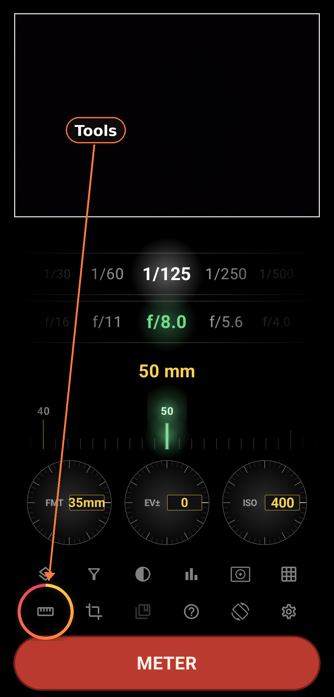 Pin and reorder Tools menu rows screenshot in Zone Light Meter