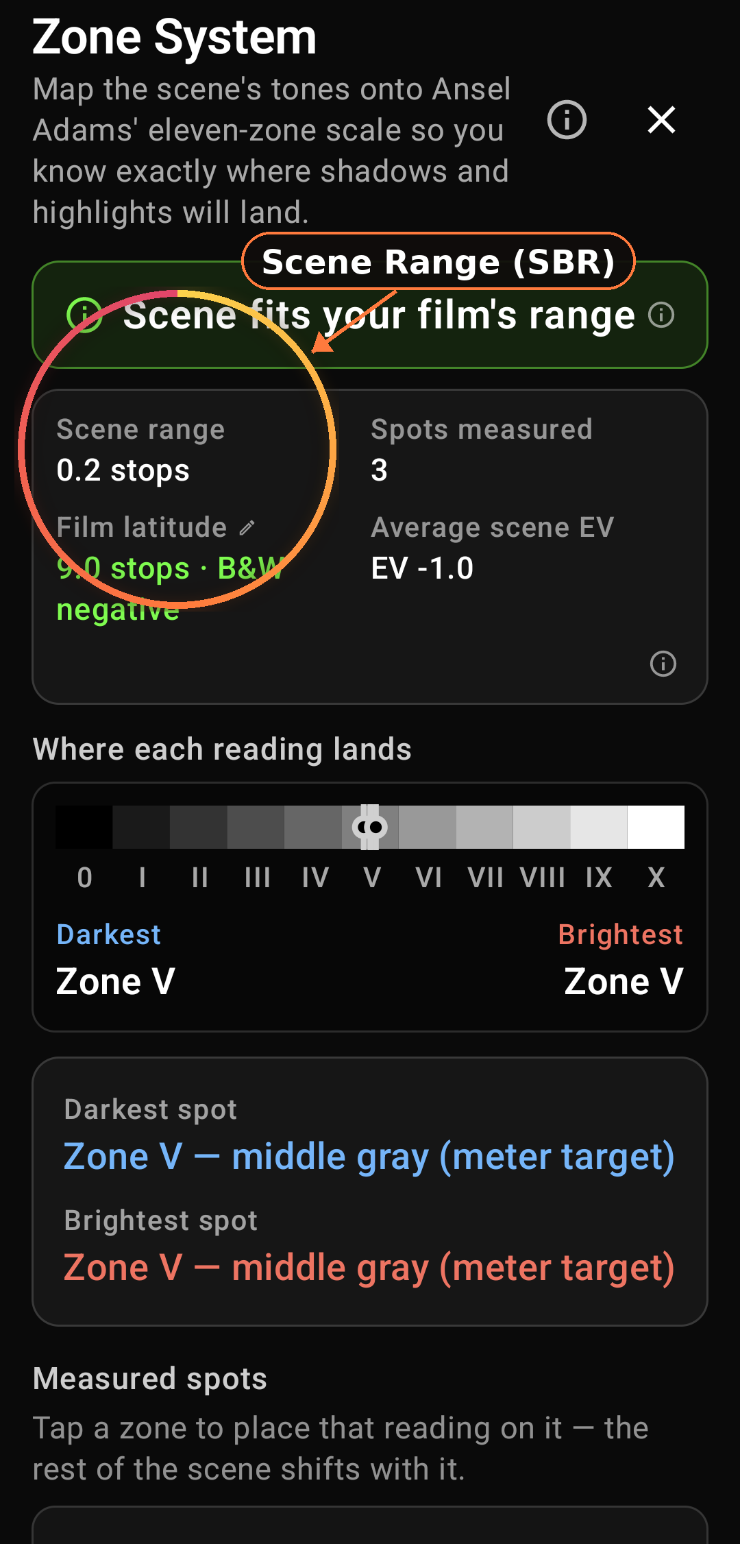 Subject Brightness Range SBR readout screenshot in Zone Light Meter