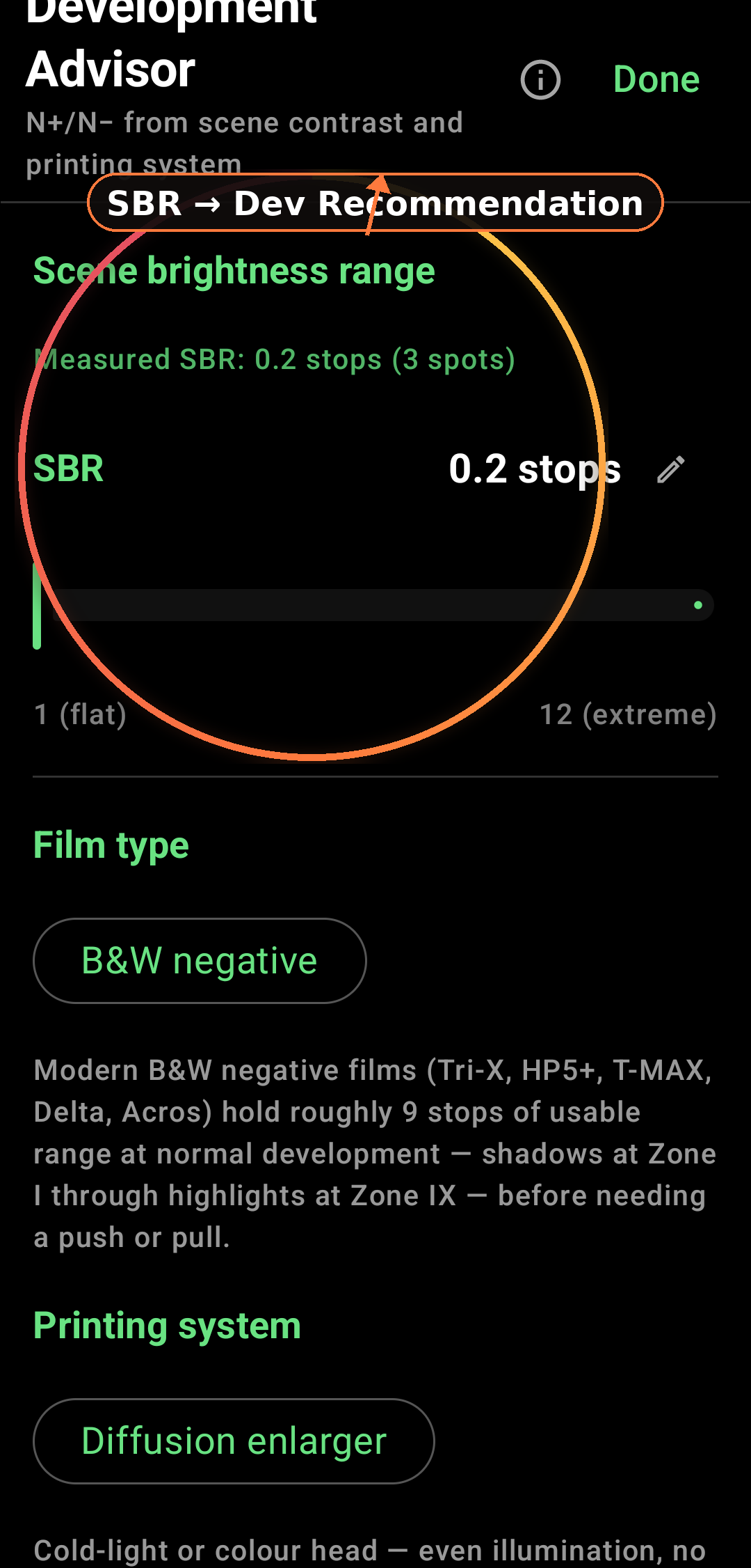 SBR tied to development recommendations screenshot in Zone Light Meter