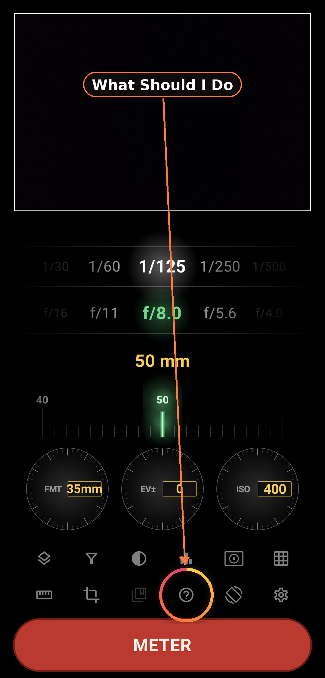 What Should I Do panic button screenshot in Zone Light Meter