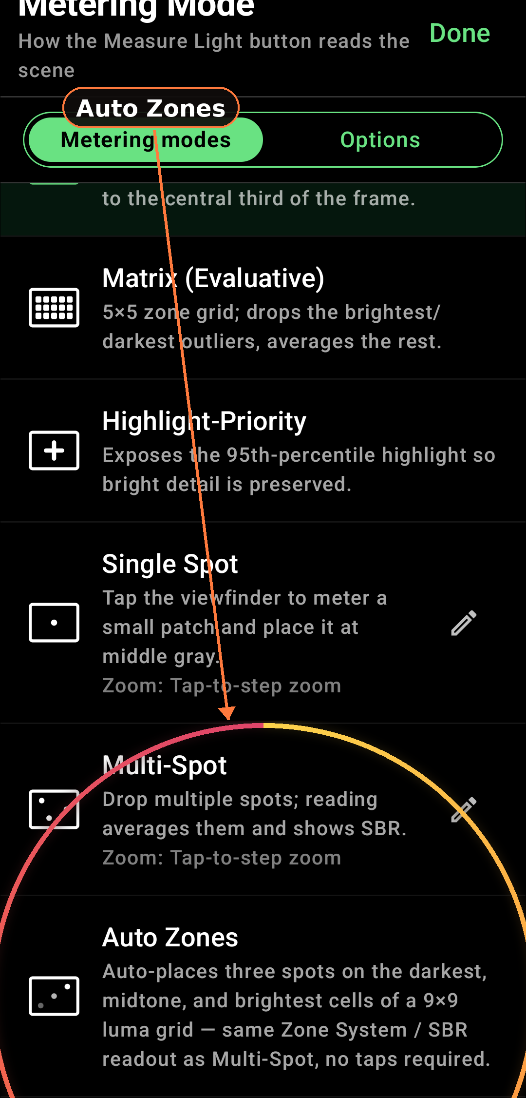 Auto Zones metering mode (auto-place 3 spots) screenshot in Zone Light Meter