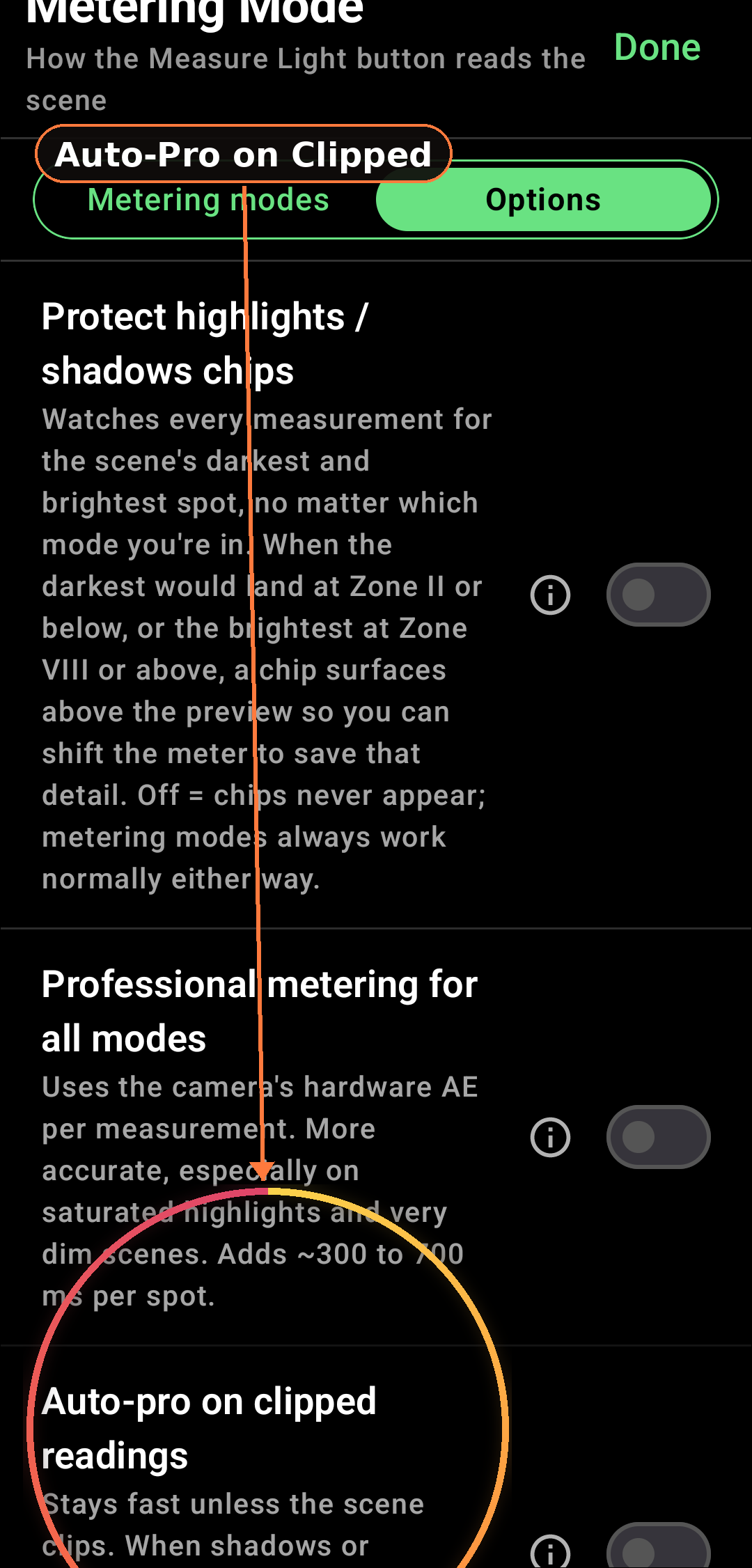 Auto-pro on clipped readings screenshot in Zone Light Meter