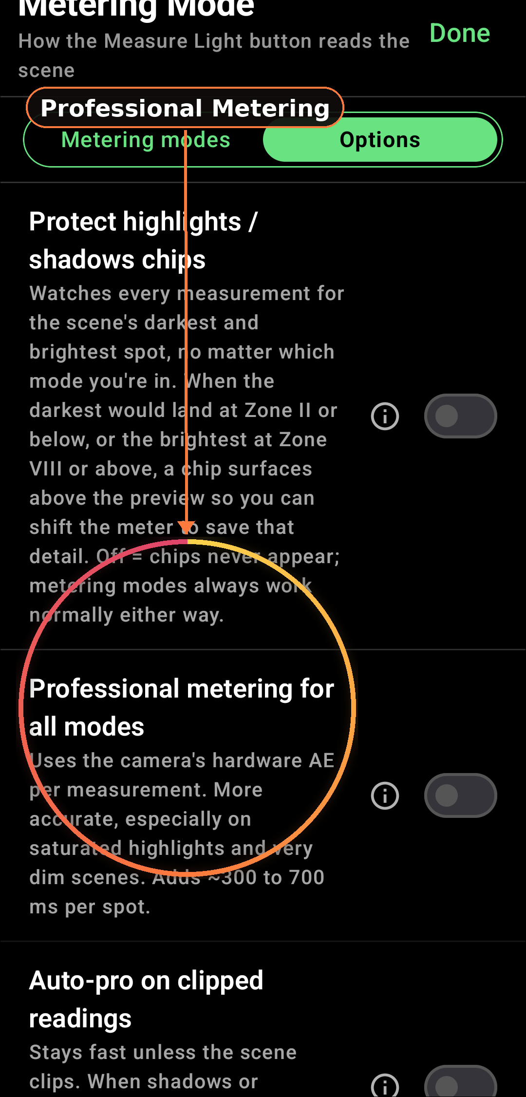 Professional metering screenshot in Zone Light Meter