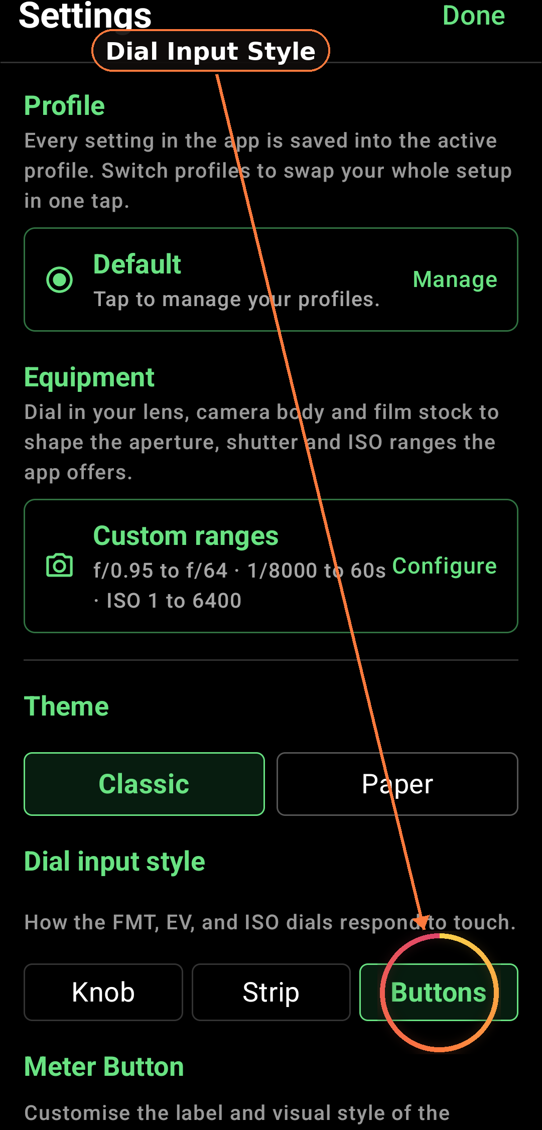 Dial input style (Knob / Strip / Buttons) as shown in the app