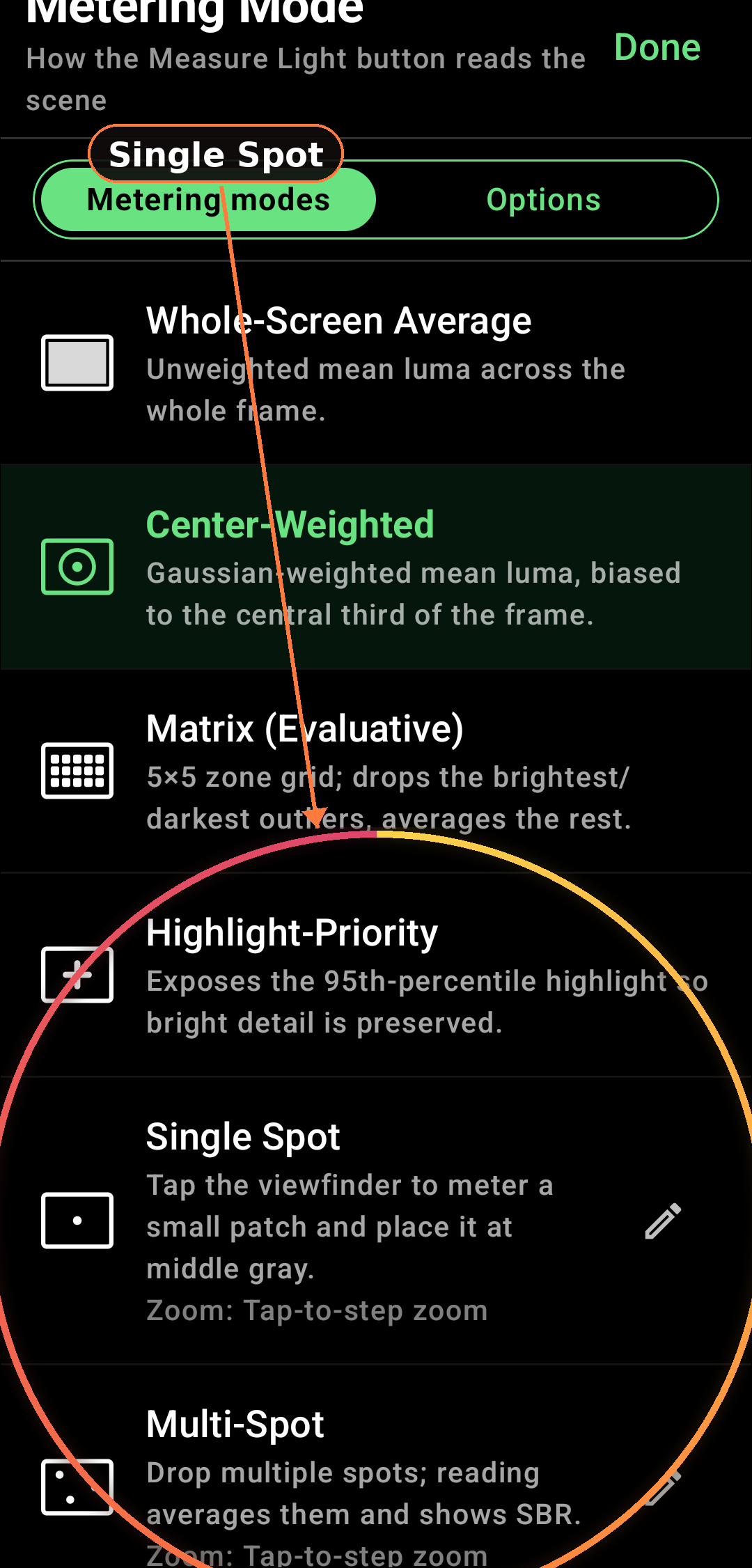 Advanced Light Reading & Metering Modes feature in Zone Light Meter