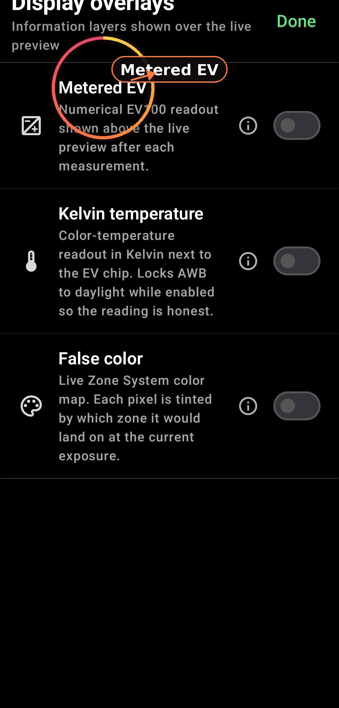 Metered EV screenshot in Zone Light Meter