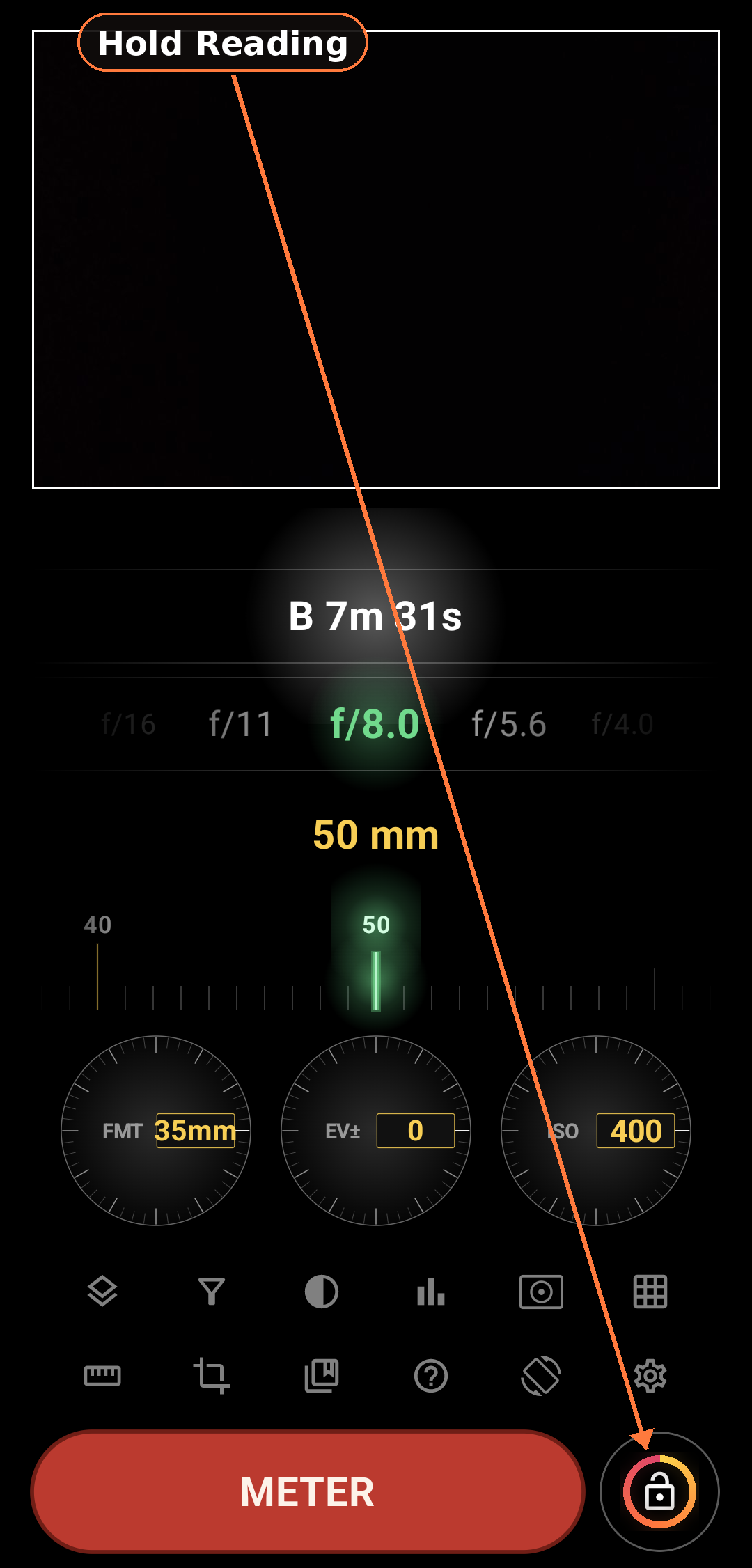 Hold/Lock Reading button screenshot in Zone Light Meter
