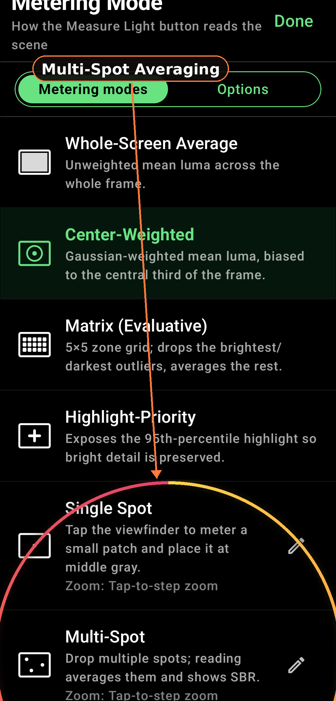 Multi-Spot Averaging 3 to 9 readings screenshot in Zone Light Meter