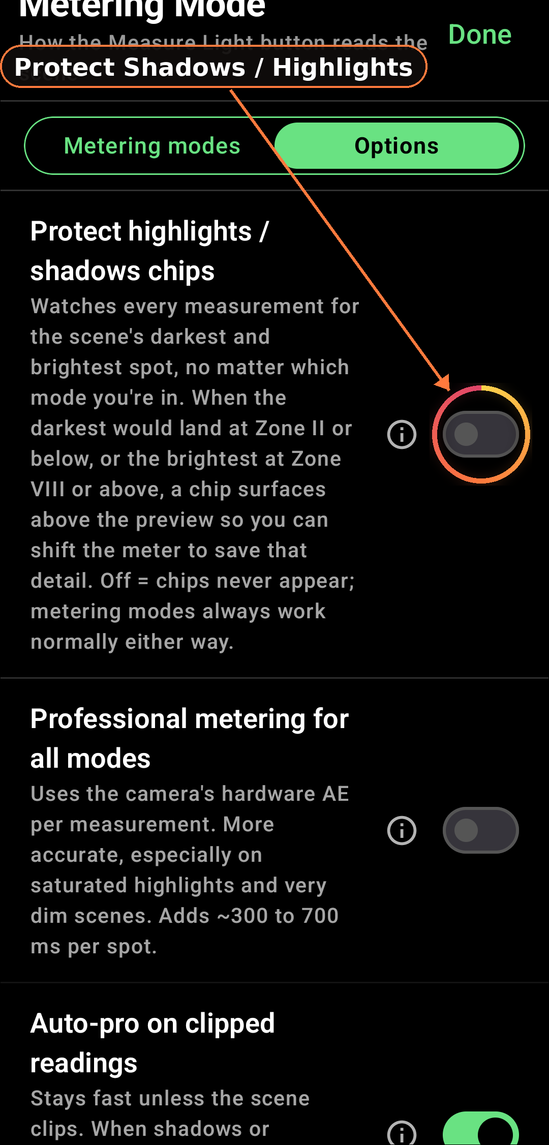 Protect Shadows / Protect Highlights bias toggle screenshot in Zone Light Meter