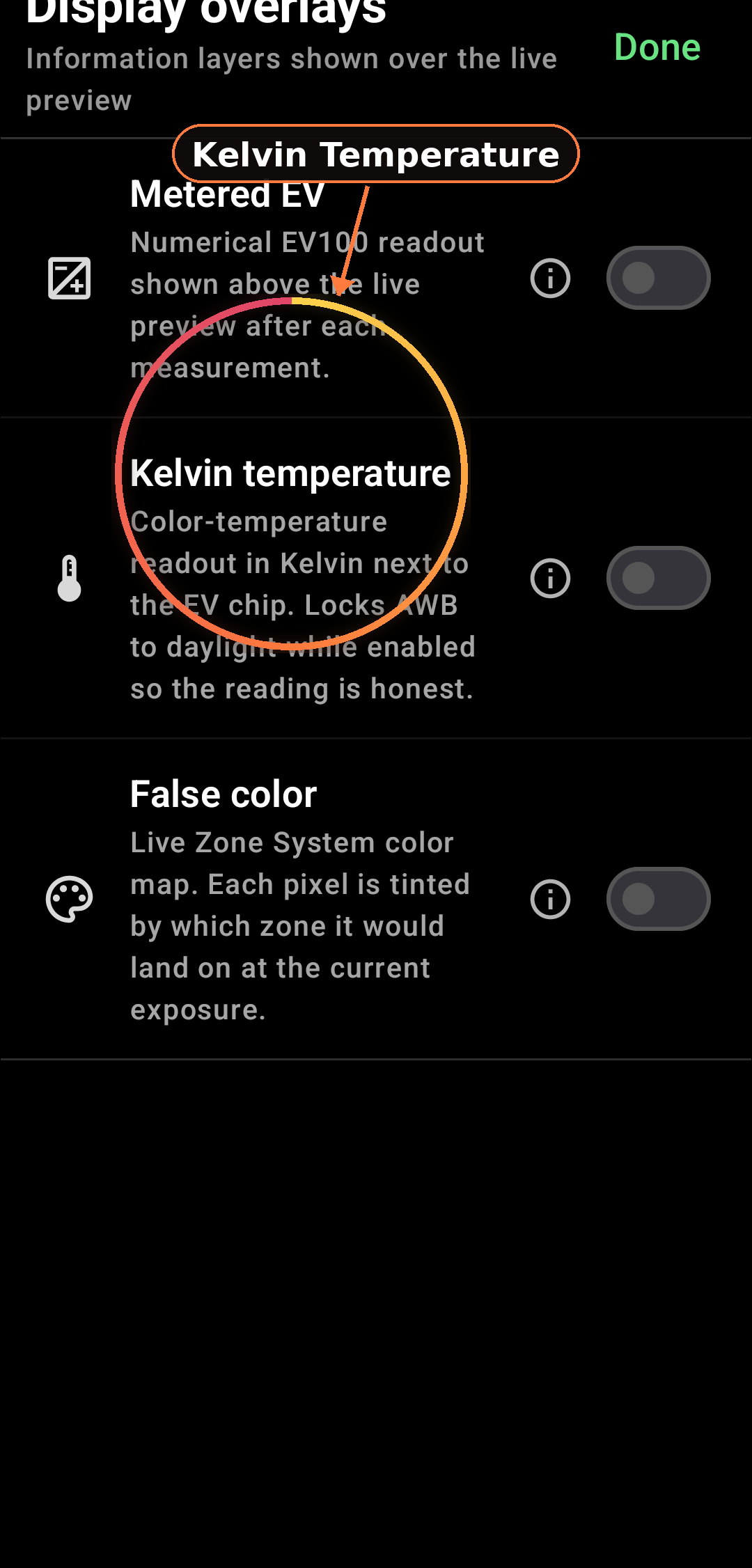 Color & Frequency Analysis feature in Zone Light Meter