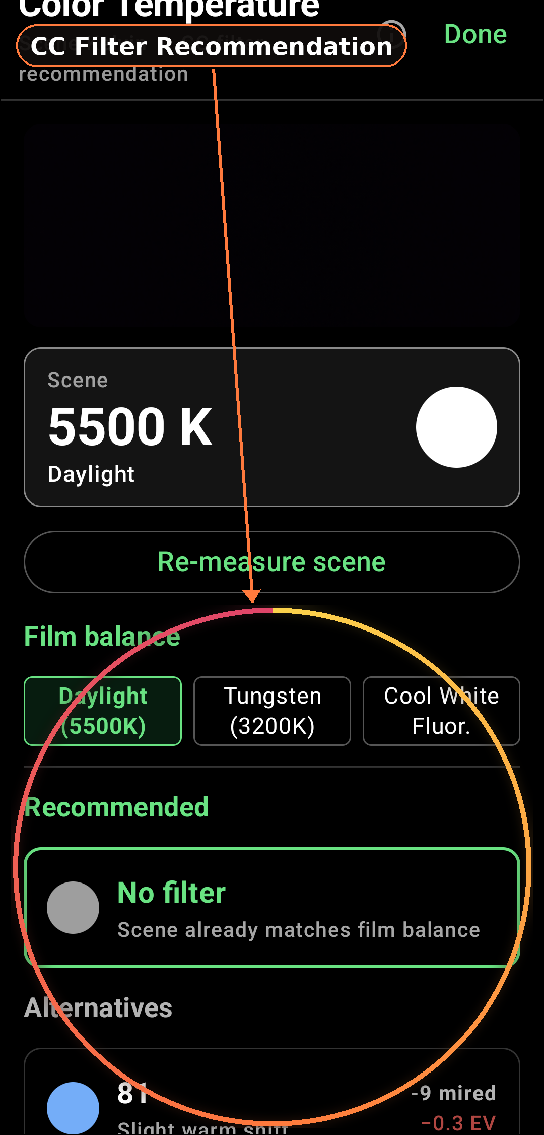 Color & Frequency Analysis feature in Zone Light Meter