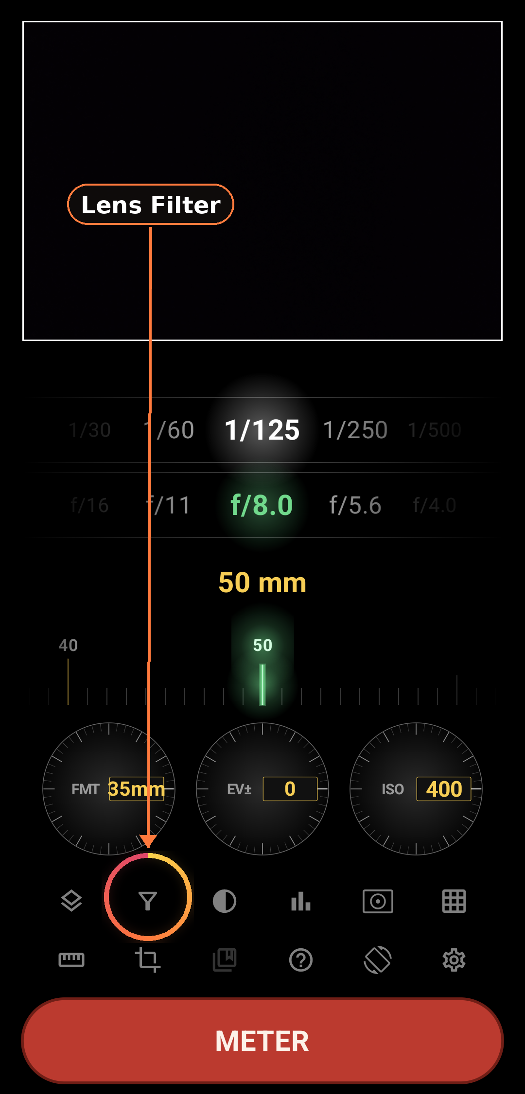 Auto-Filter Factor into exposure solver screenshot in Zone Light Meter