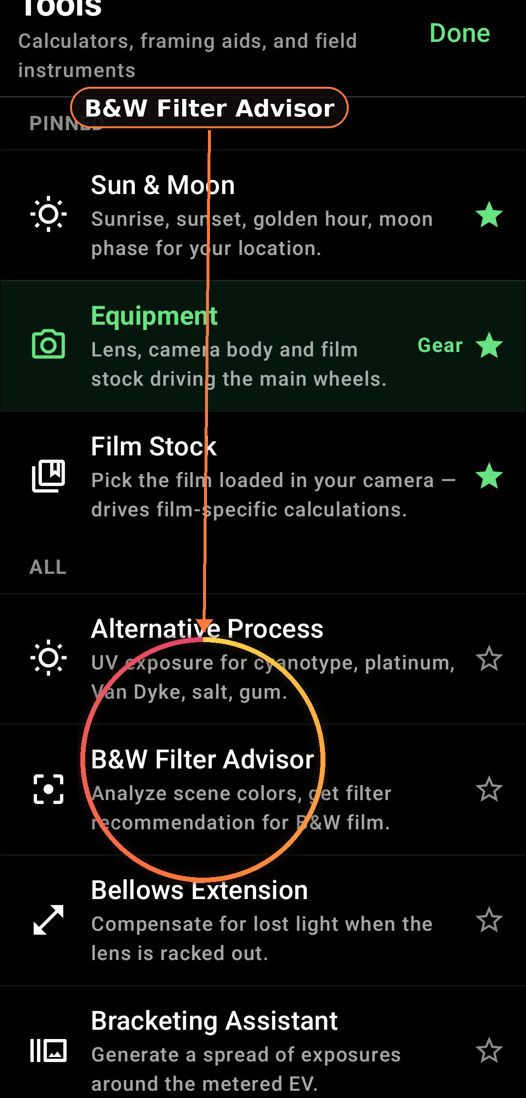 How the B&W Filter Advisor works screenshot in Zone Light Meter