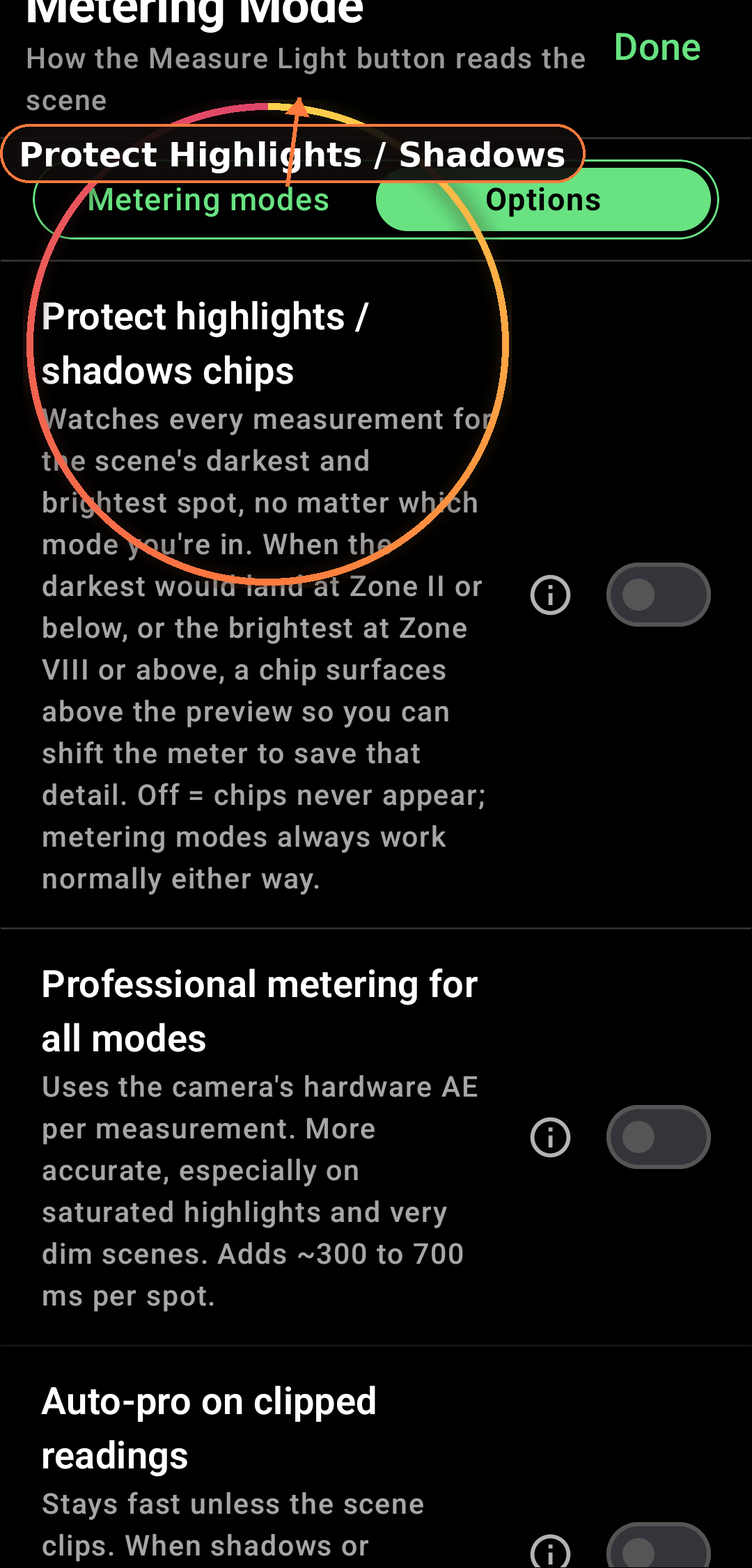 Protect highlights / shadows chips screenshot in Zone Light Meter