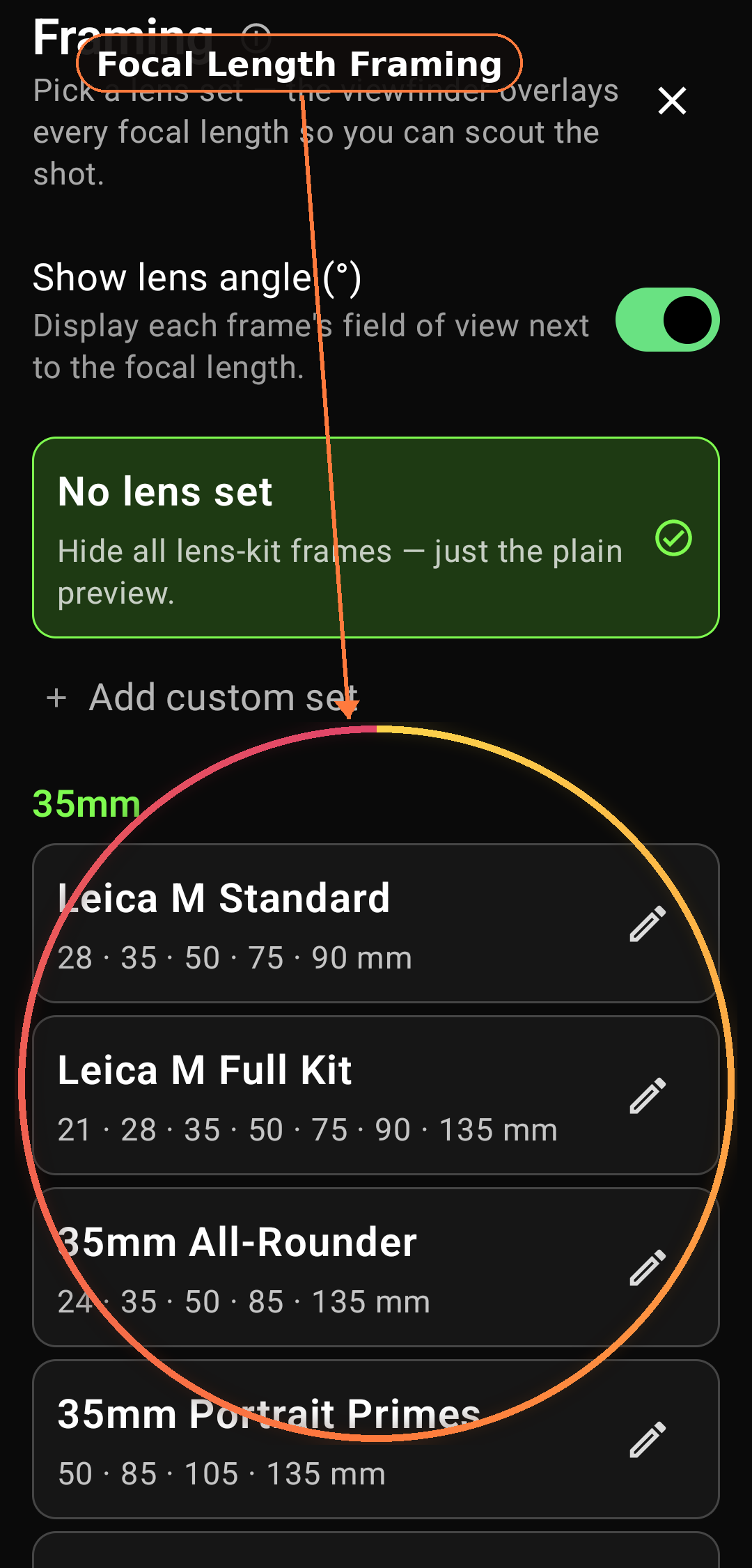 Focal length framing previews screenshot in Zone Light Meter