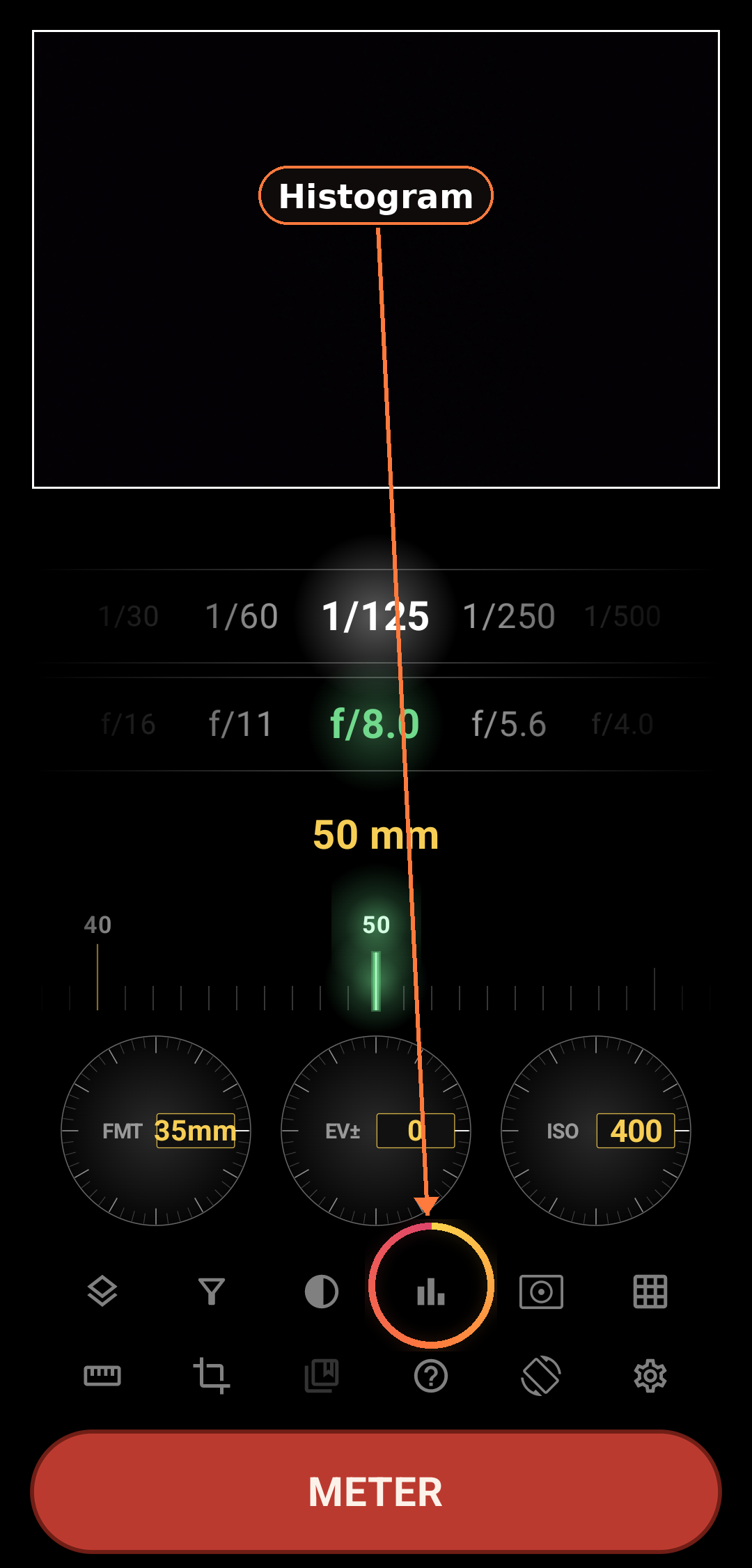 Live histogram overlay screenshot in Zone Light Meter