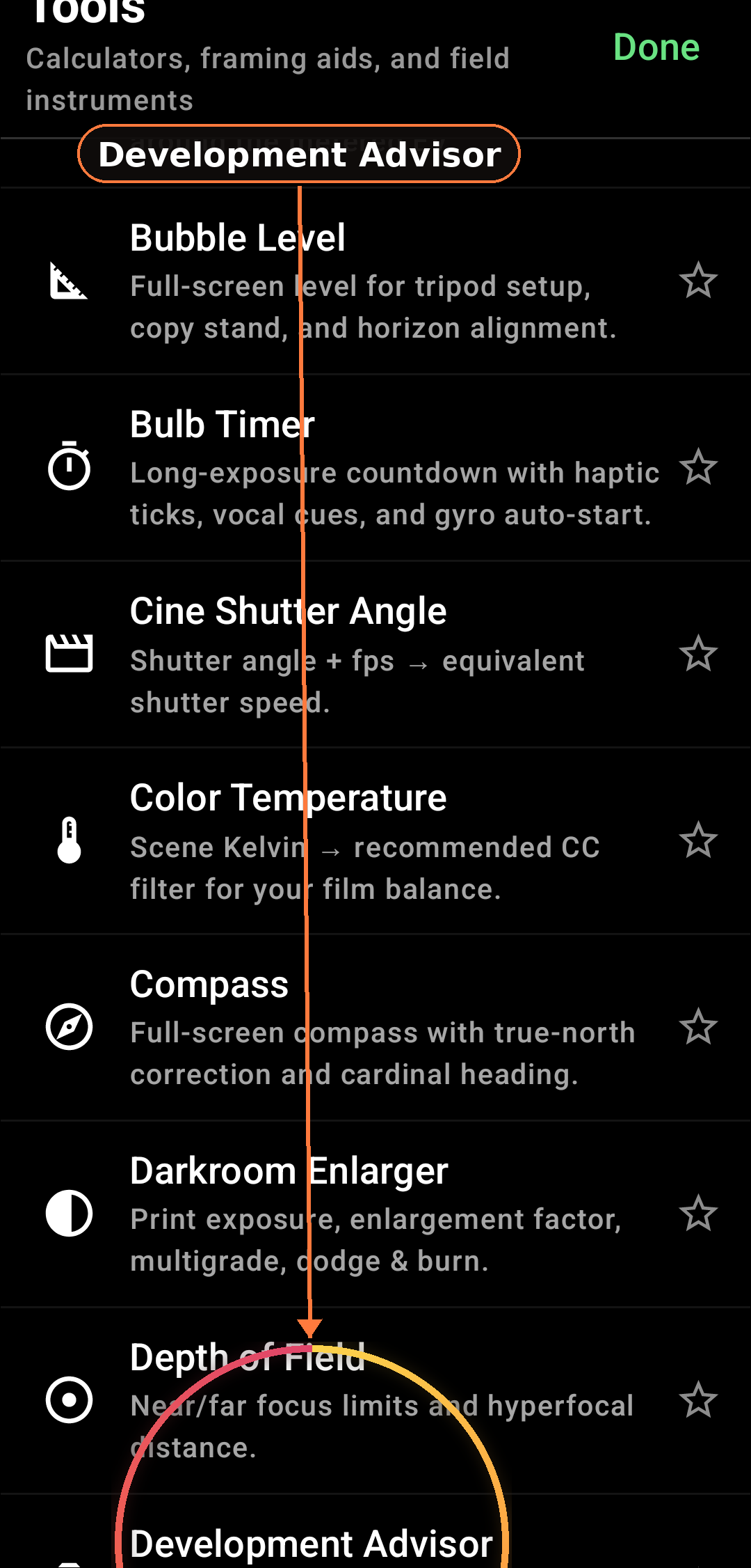 How the Development Advisor works screenshot in Zone Light Meter