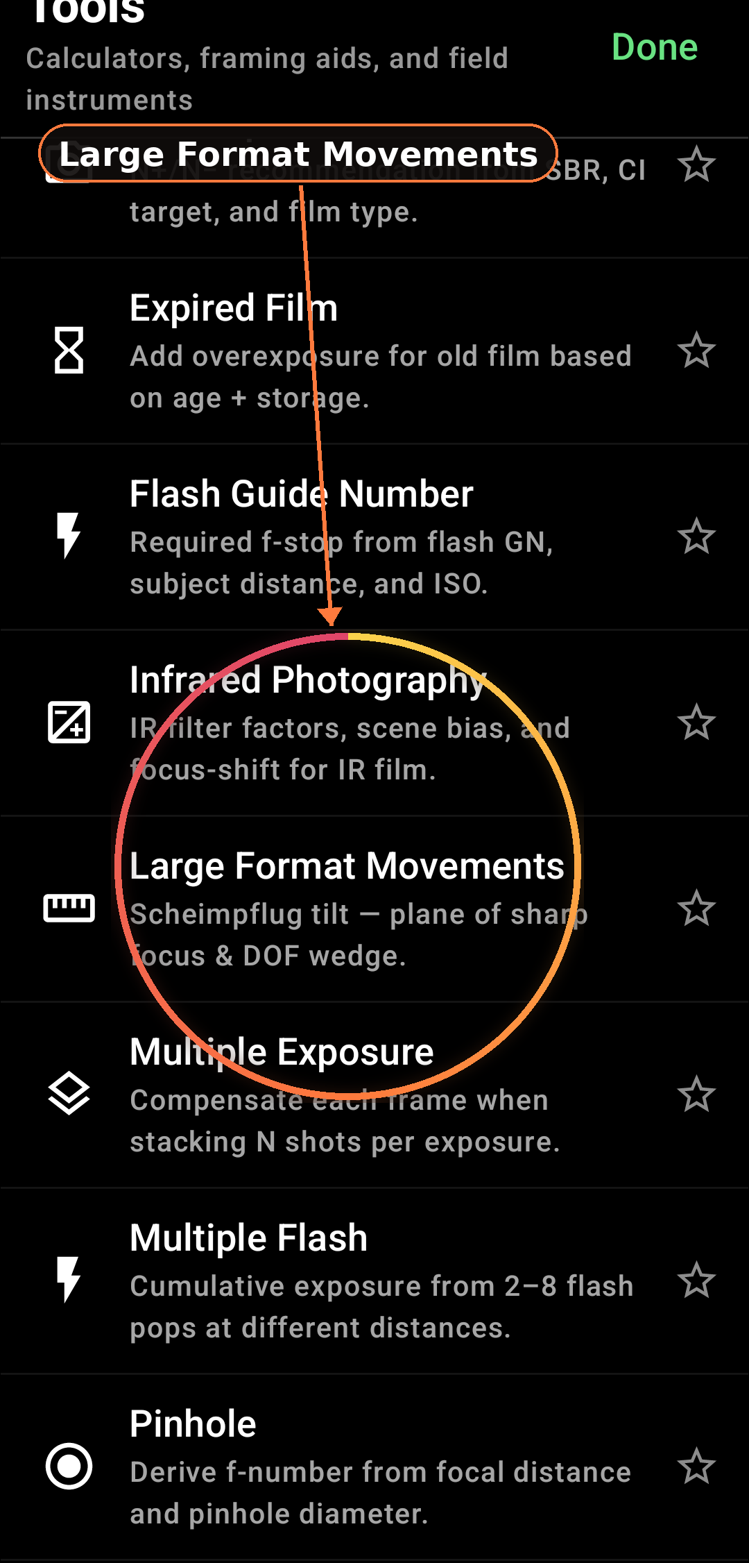 How Large Format Movements work screenshot in Zone Light Meter