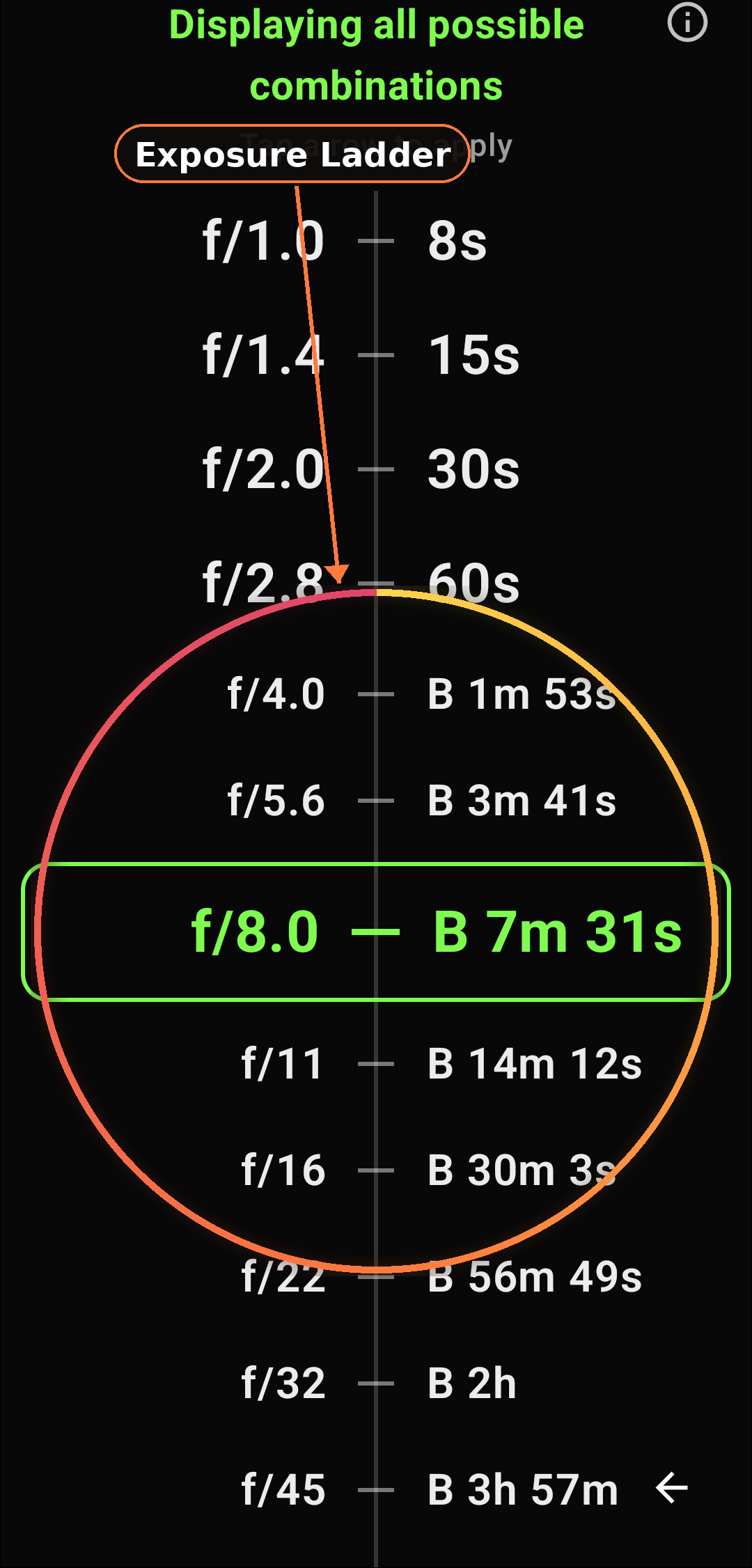 Exposure Ladder screenshot in Zone Light Meter