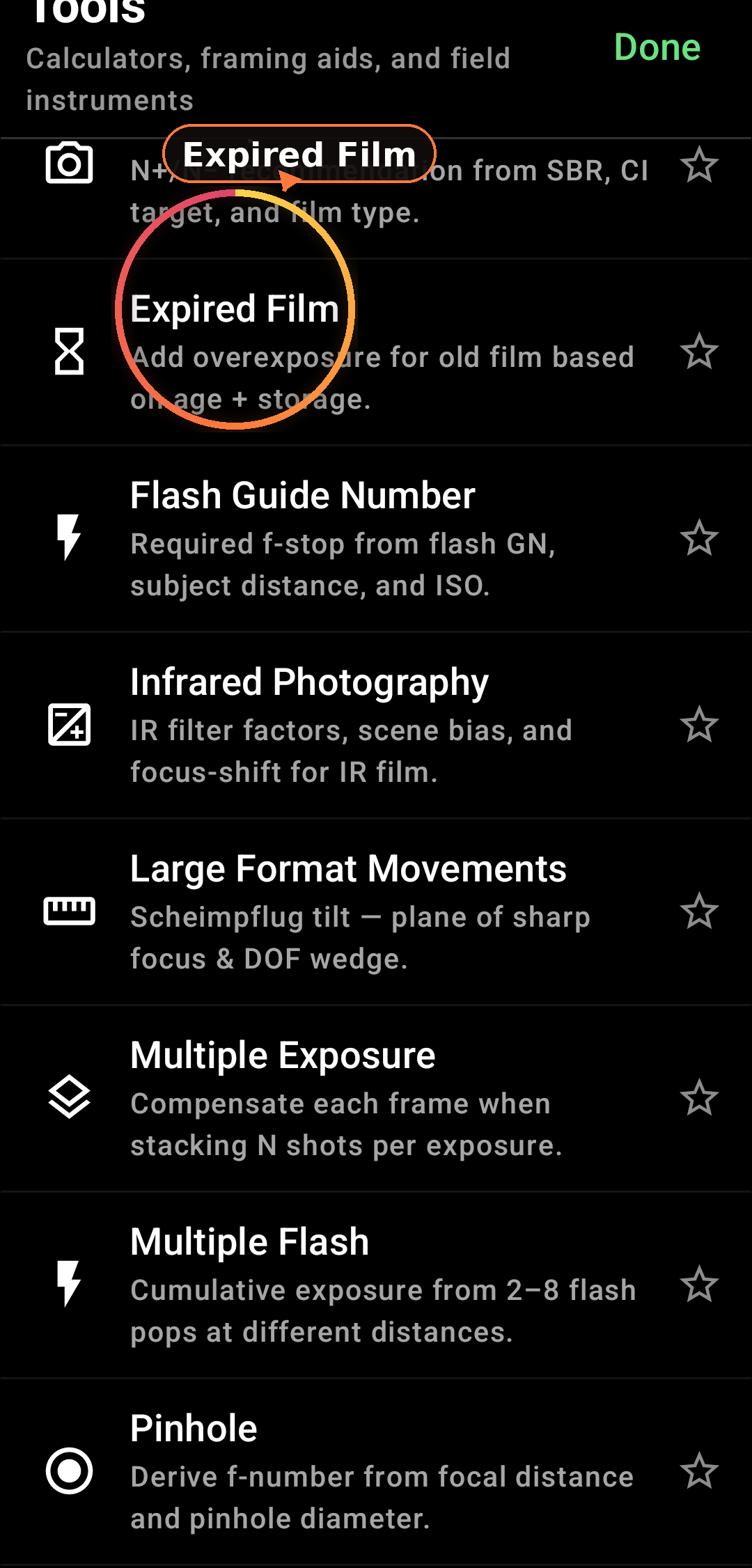 How Expired Film compensation works screenshot in Zone Light Meter