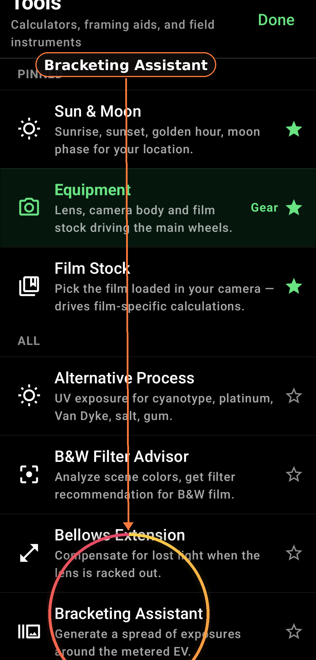 How the Bracketing Assistant works screenshot in Zone Light Meter