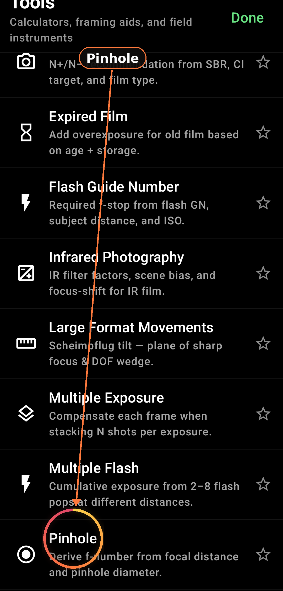 How the Pinhole calculator works screenshot in Zone Light Meter