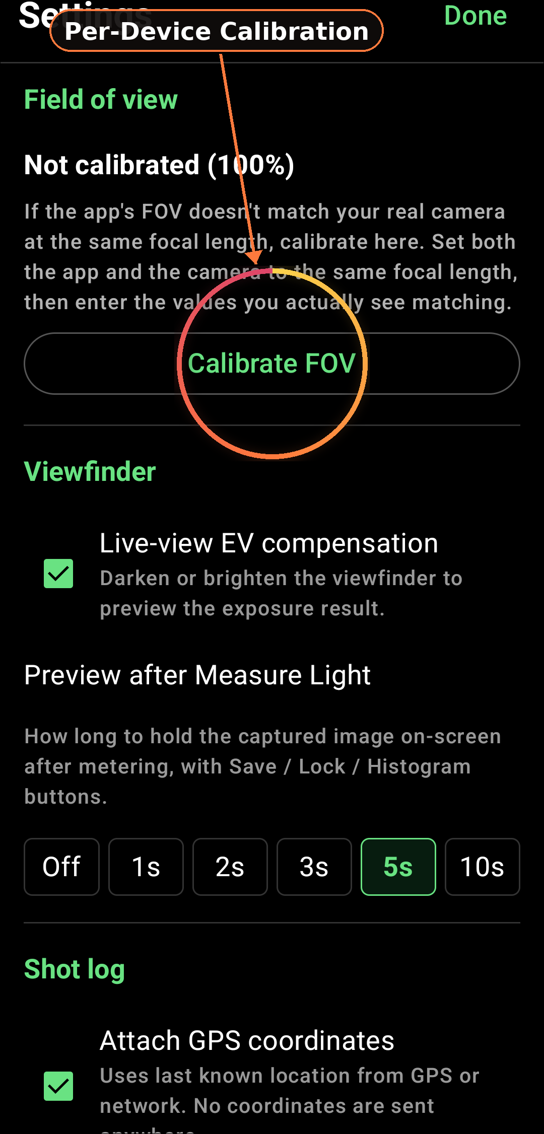 Sensor Calibration Engine feature in Zone Light Meter