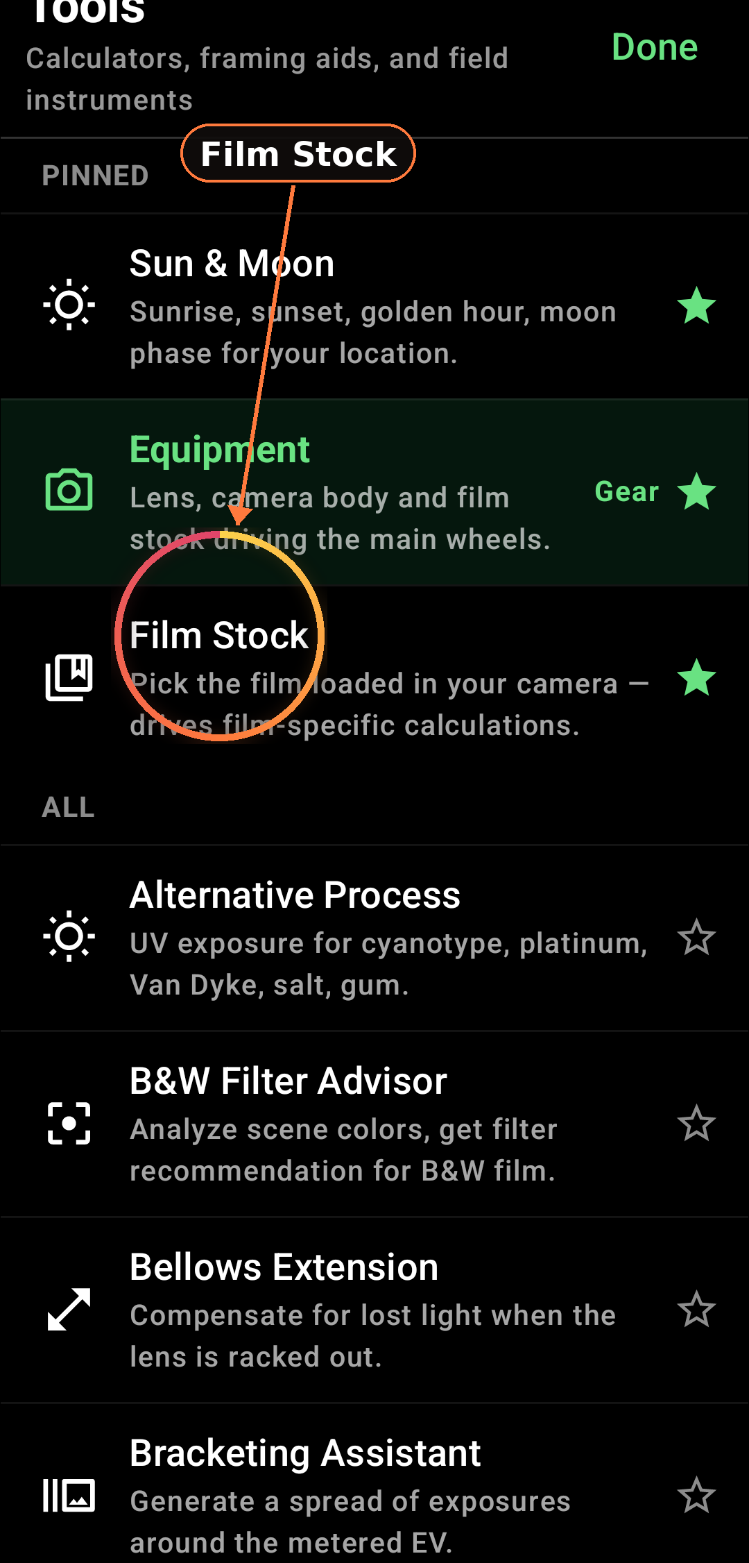 Film Stock Database feature in Zone Light Meter